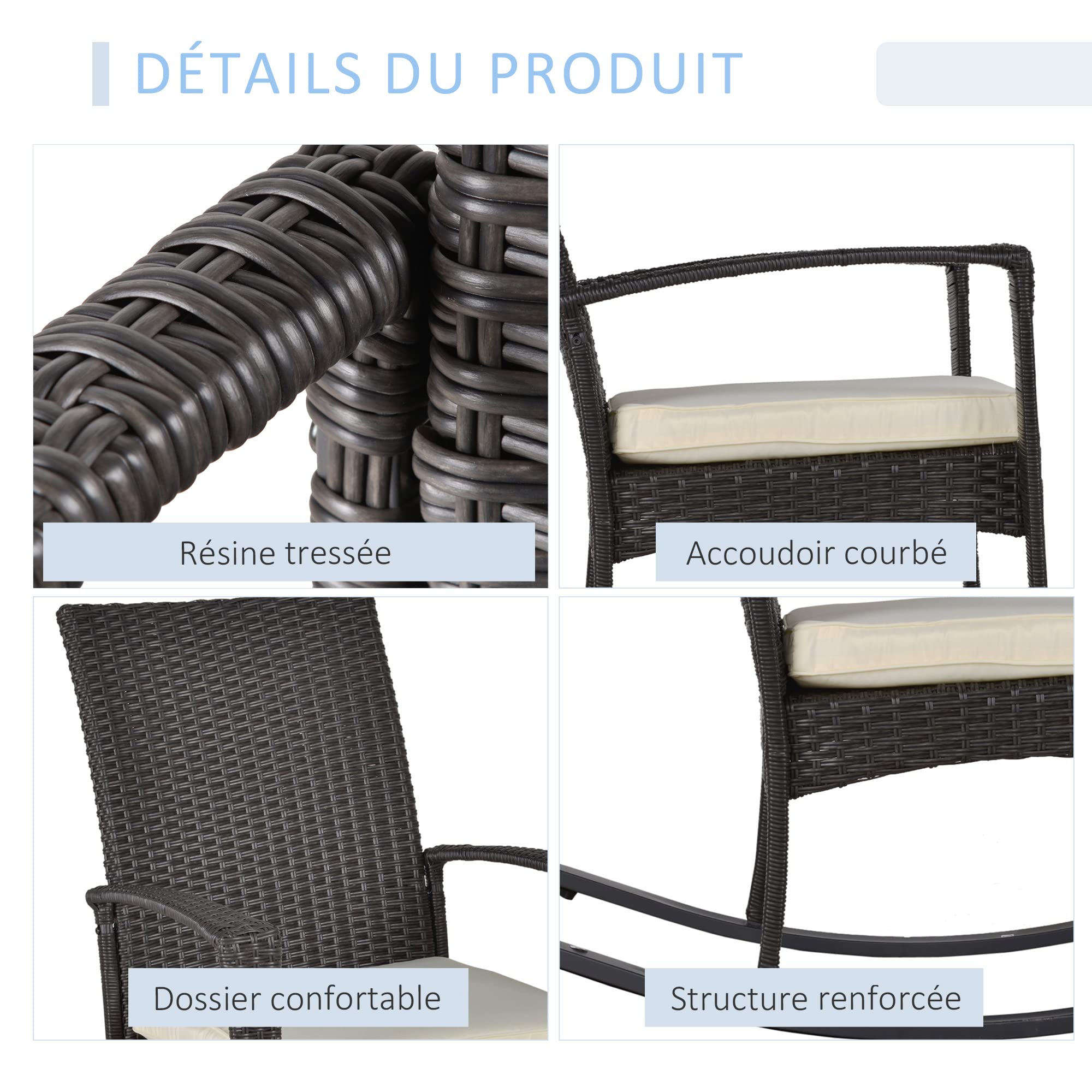 Outsunny Fauteuil à Bascule Rocking Chair avec Coussin d'assise déhoussable 66L x 88l x 98H cm résine tressée Imitation rotin Chocolat