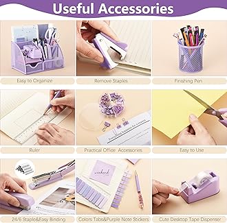 15 Pcs Purple Office Supplies Set Mesh Desk Organizer Accessories Kit Include Stapler Tape Dispenser Staple Remover Clips Ruler Scissors Sticky Notes for Office School Home Women (Purple)