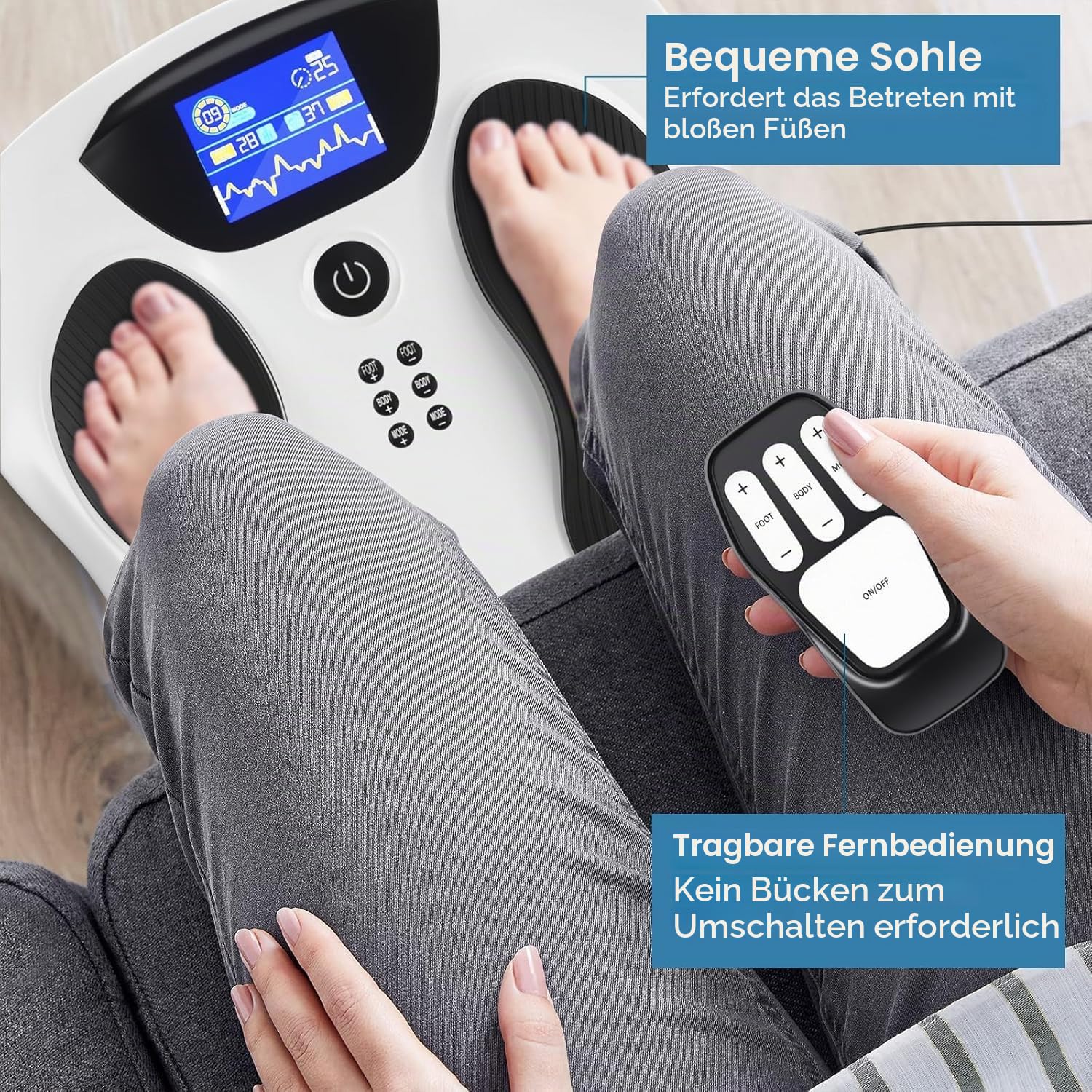Medic Durchblutungs-Stimulator Beine, EMS & TENS Fußmassagegerät für Neuropathie Füße und Muskelschmerzen Linderung, Verbessert Polyneuropathie, mit 8 Elektroden Pads und Fernbedienung