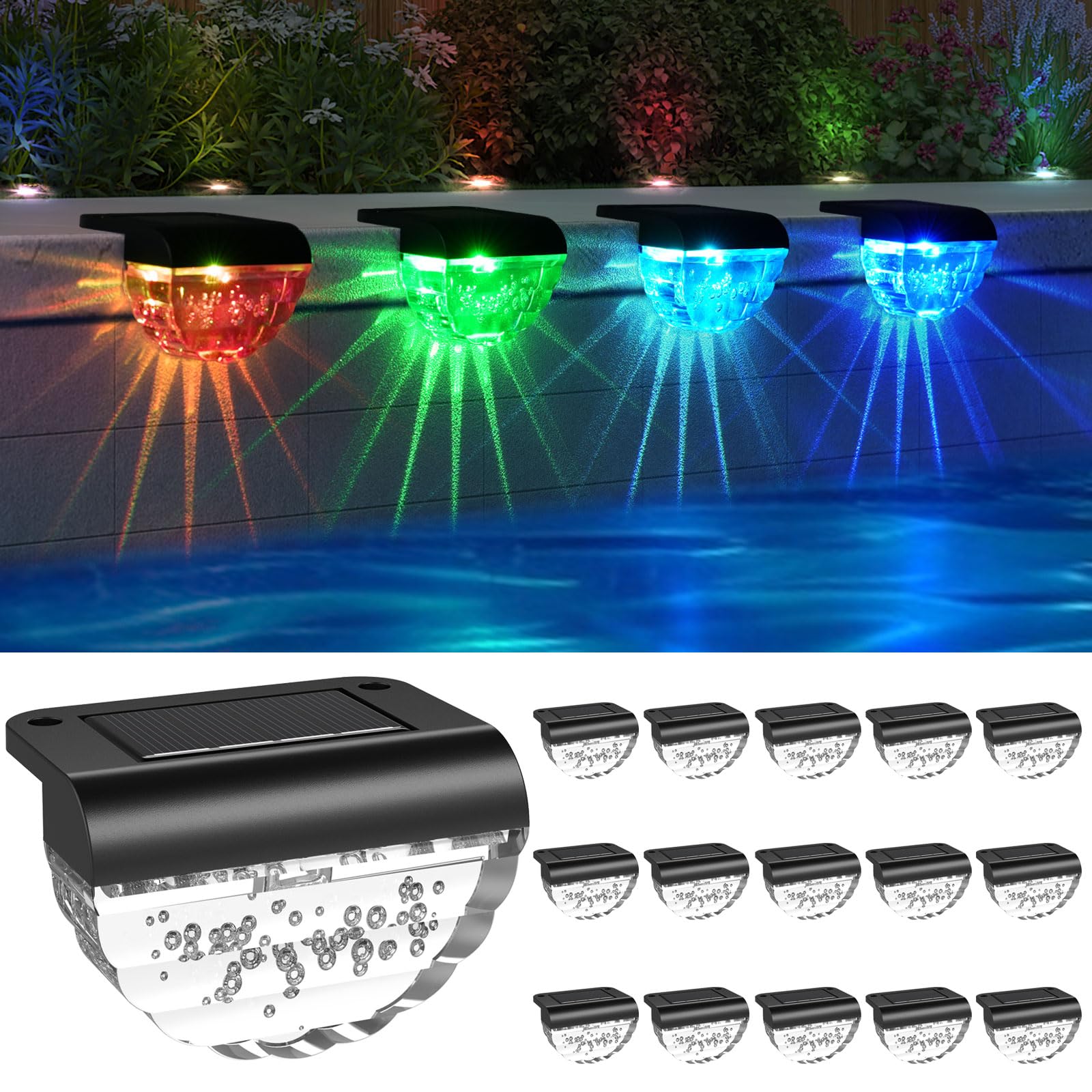 Melunar Paquete de 16 luces solares para terraza al aire libre, luces solares impermeables para exteriores, patio, jardín, piscina, barandilla, escaleras, valla (cambio de color)