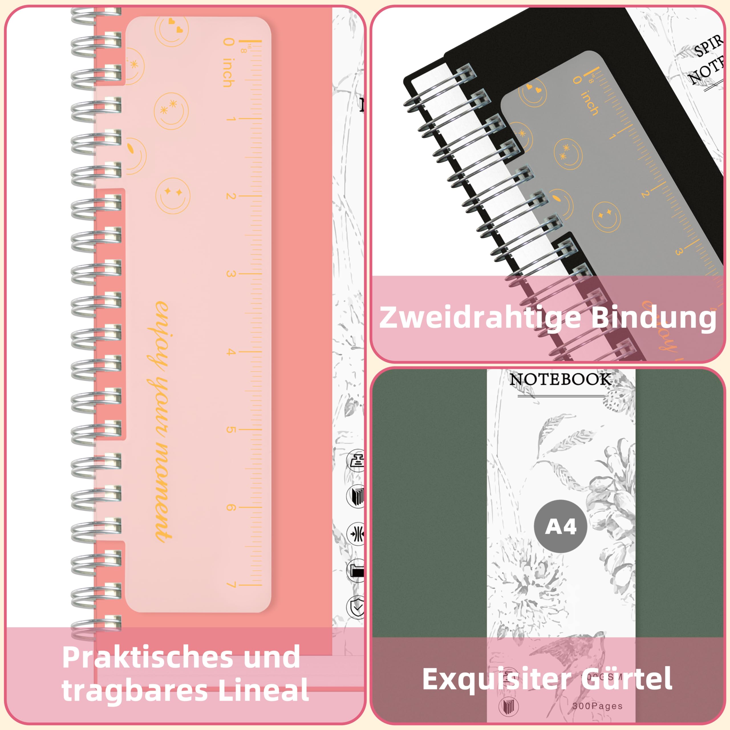 Cuaderno de Puntos A5, Bullet Dot Journal,Cuaderno de Espiral de 300 Páginas,Papel Antitinta de 100 g/M²,Tapa Dura de PVC, con Regla,Bolsillos Ampliables,Bandas Elásticas,14,5 x 21 cm-Negro