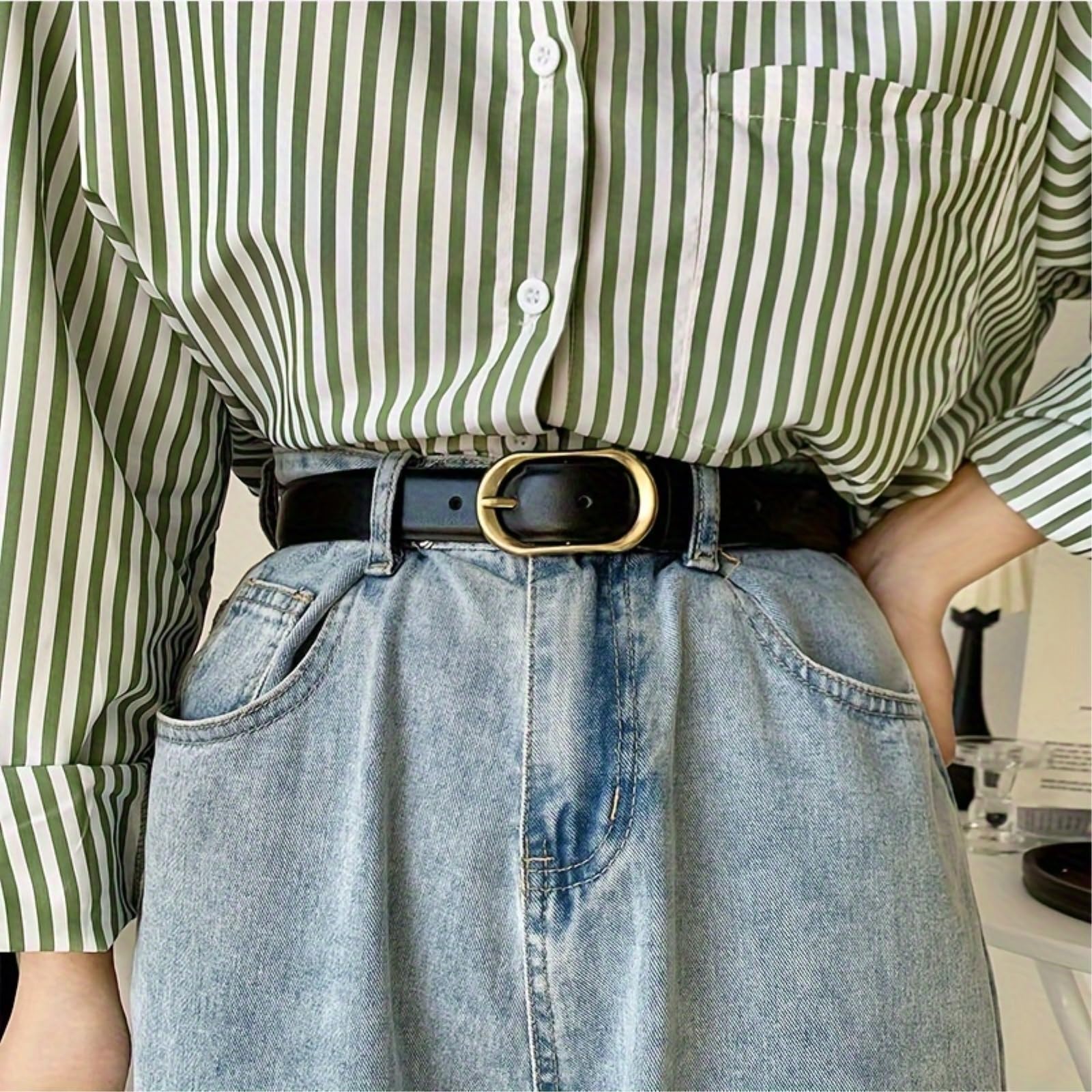 Ceinture Féminine Rétro Personnalisée, Boucle Texturée, En Denim Cuir Simple Et Polyvalente-black-110cm
