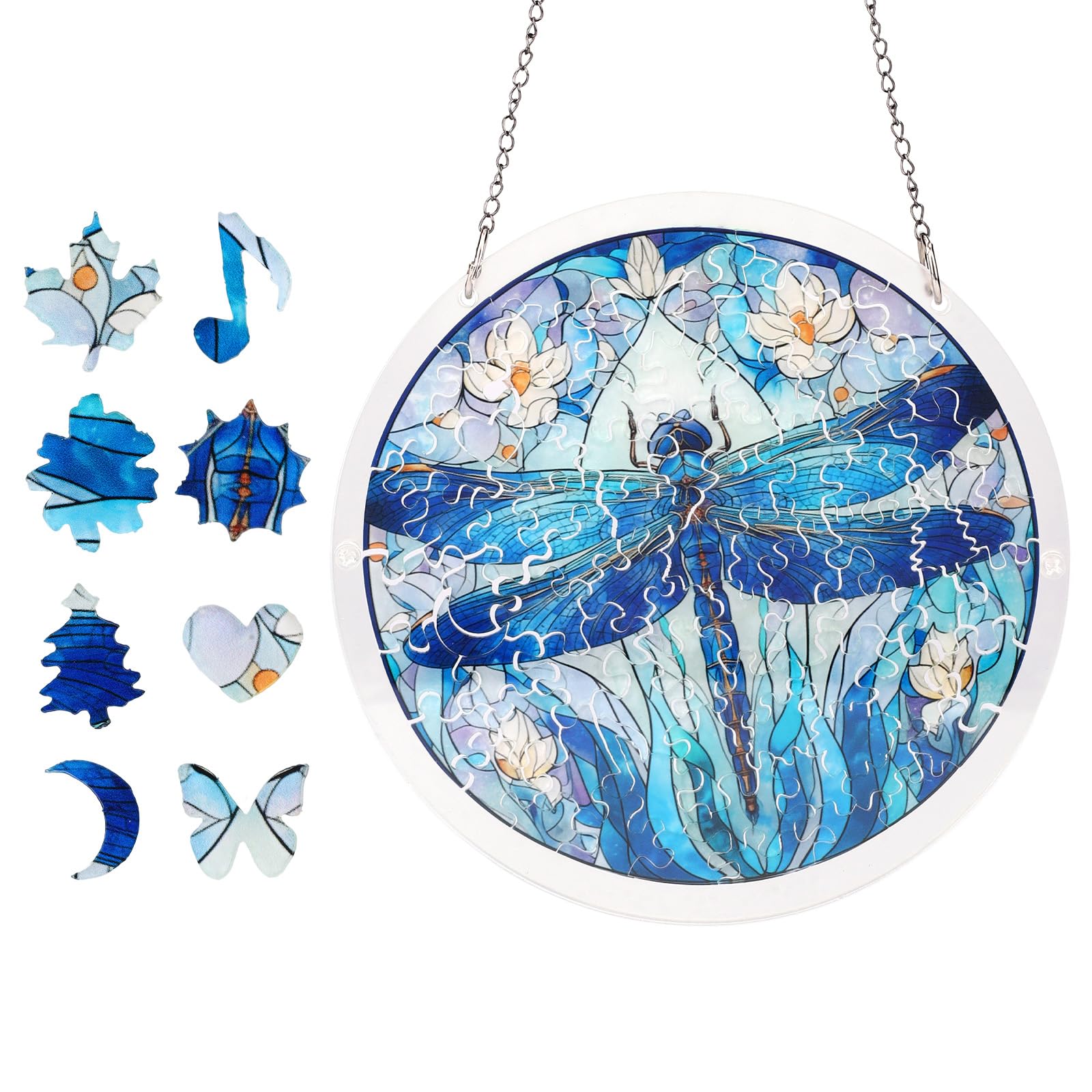Sinbana Acrylic Jigsaw Puzzle Suncatcher, 18.8cm/7.4in Moonlit Dragonfly Style Acrylic DIY Sun Catcher Puzzle Kit for Adults Doors Garden and Window Hanging Home Decor & Gift