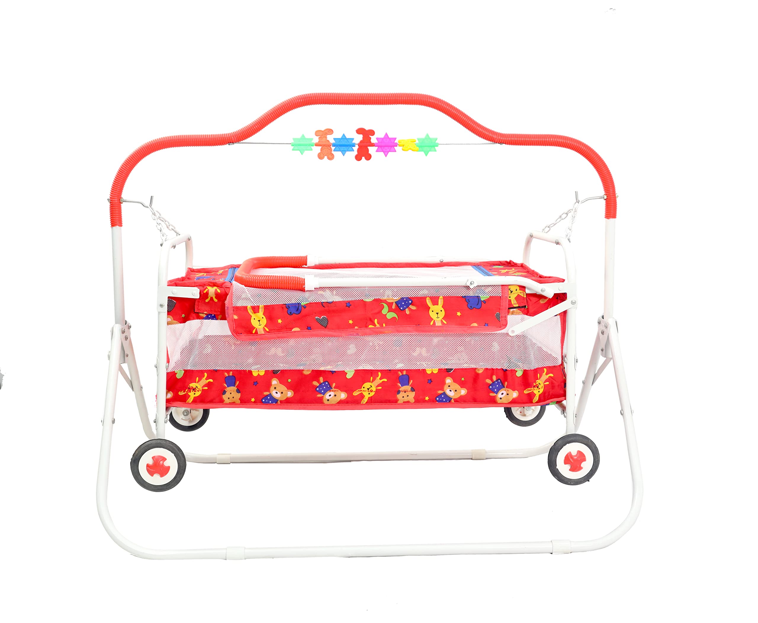 BABYBLESSING Baby Cradle with Swing and Mosquito Net | with 4 Wheels | Foldable & Movable | Sturdy and Safe | Durable | Jhulla | Palna | with Hanging Hammock | 0-15 Months | Red, Iron