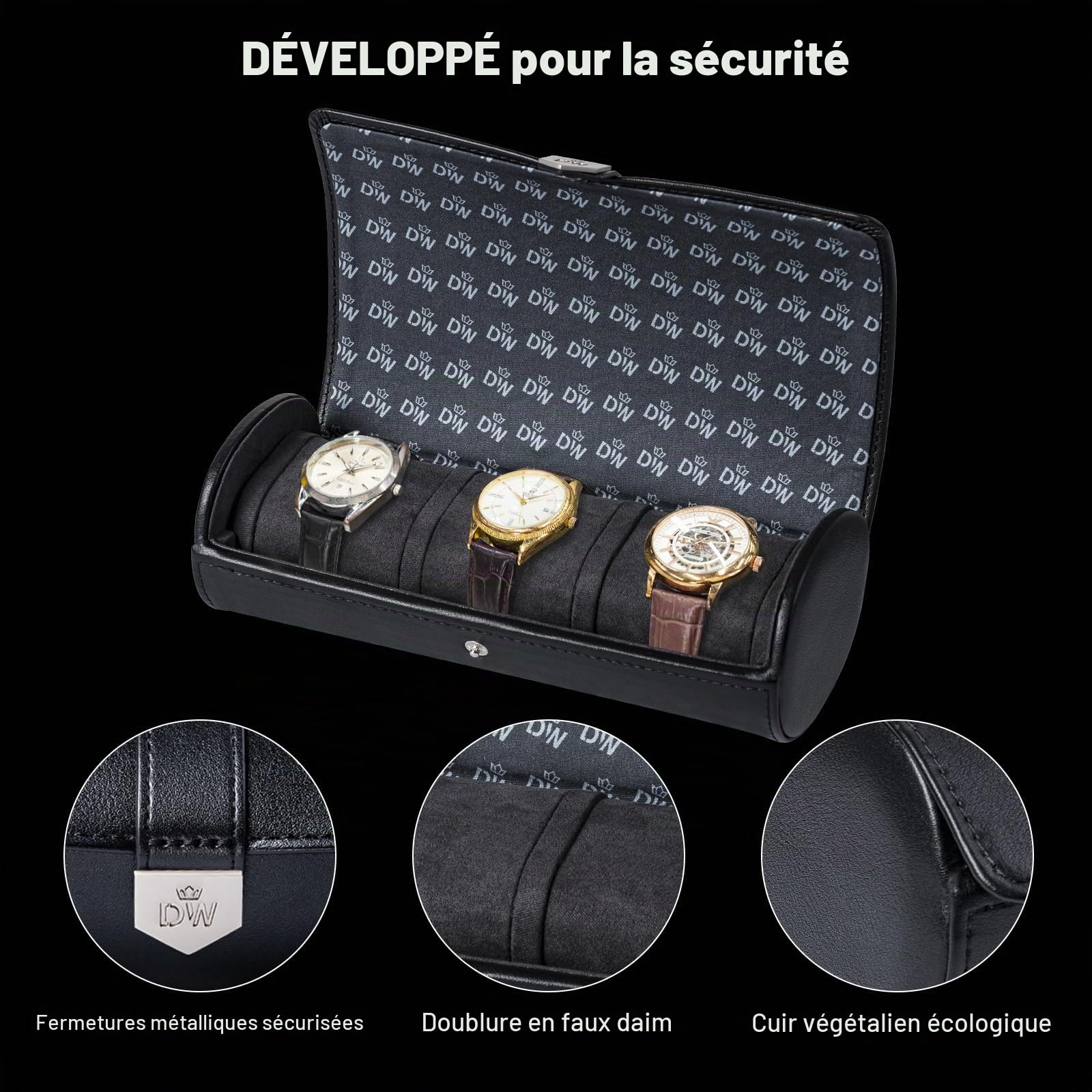 XTELARY Rouleau de montre pour 3 montres - Étui de voyage avec coussin amovible pour homme et femme - Vitrine en cuir pour collection de montres et cadeau d'anniversaire - Noir