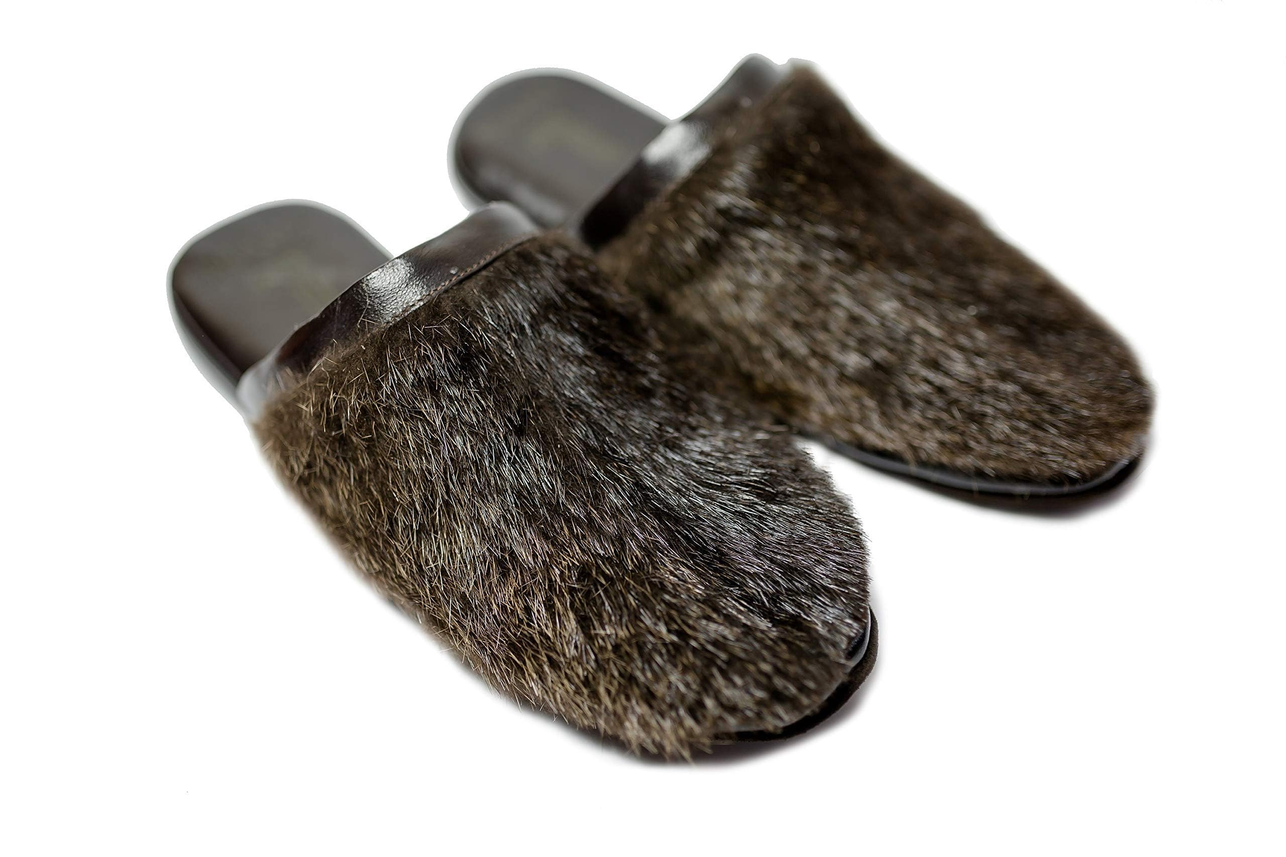 Brown Slippers Mens House Shoes Leather Slippers Brown Color Fur of Nutria Slippers Closed Toe Slippers Home Slippers