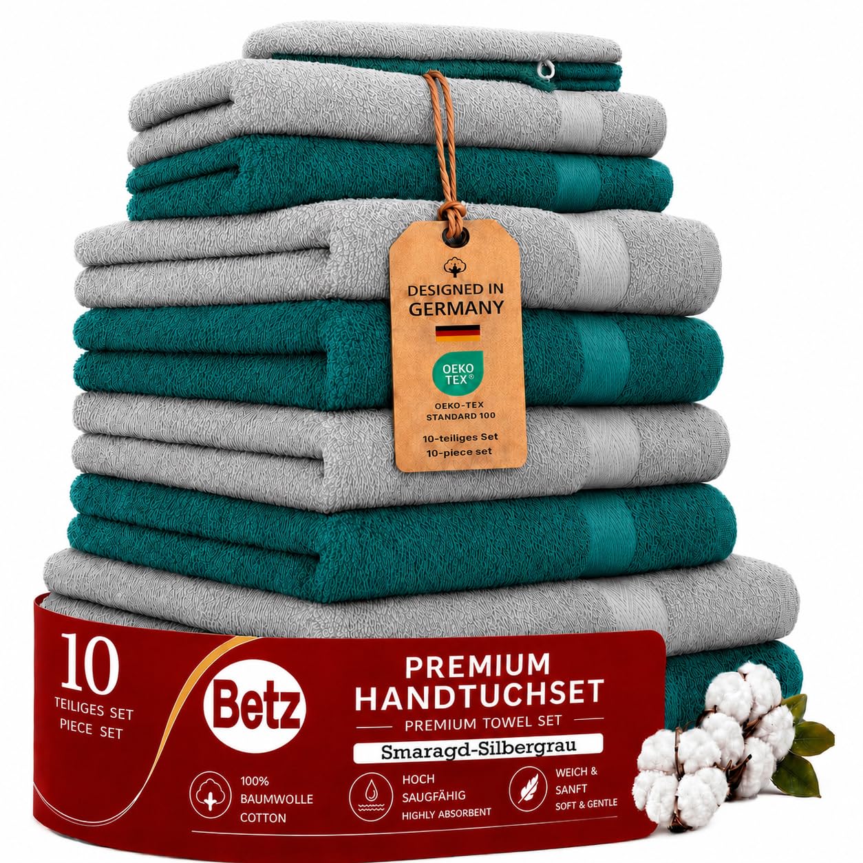 Betz 10-częściowy zestaw ręczników premium 100% bawełna 2 ręczniki kąpielowe 4 ręczniki do rąk 2 ręczniki dla gości 2 rękawice do mycia kolor szmaragd zielony i srebrny szary