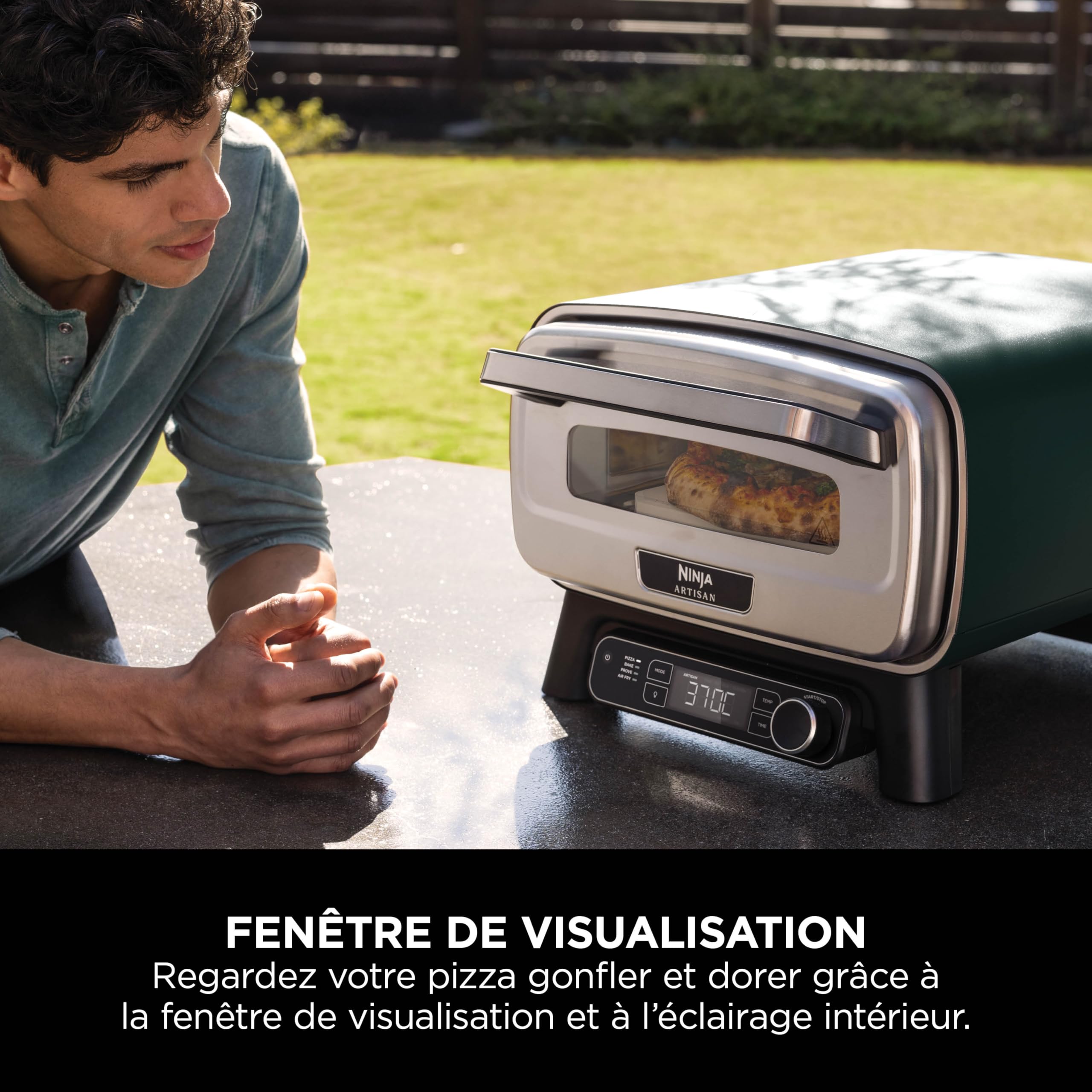 Ninja Artisan - Four électrique à pizza et friteuse à air d'extérieur, 4 programmes de cuisson, planche à découper, découpeuse, pierre réfractaire 30 cm, pelle, panier, panier de friture, vert