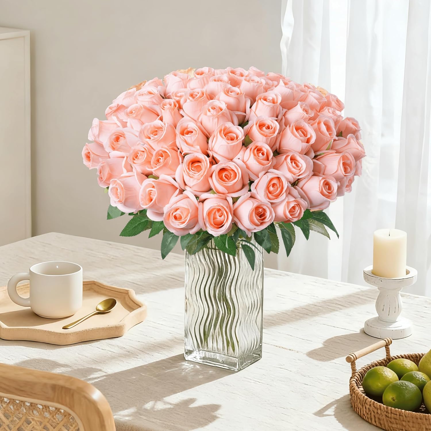 DREAMLOOM 50pcs Roses Artificial Flowers, Fake Roses Realistic with Long Stems Real Touch Silk Flowers Bouquet for Valentine's Day Wedding Anniversary DIY Floral Arrangement Gifts, Blush