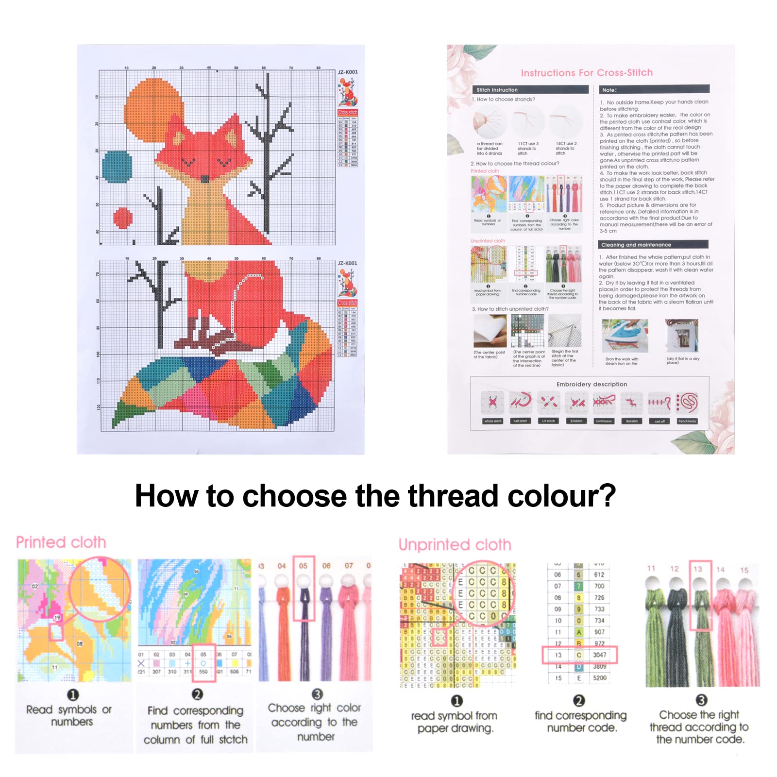 suchkawe Cross Stitch Kits, DIY Needlework Kits 11CT Stamped Cross Stitch Kit for Beginners Adults Kids Home Bedroom Decoration, Embroidery Kit Colourful Fox (28X38cm) - Image 4