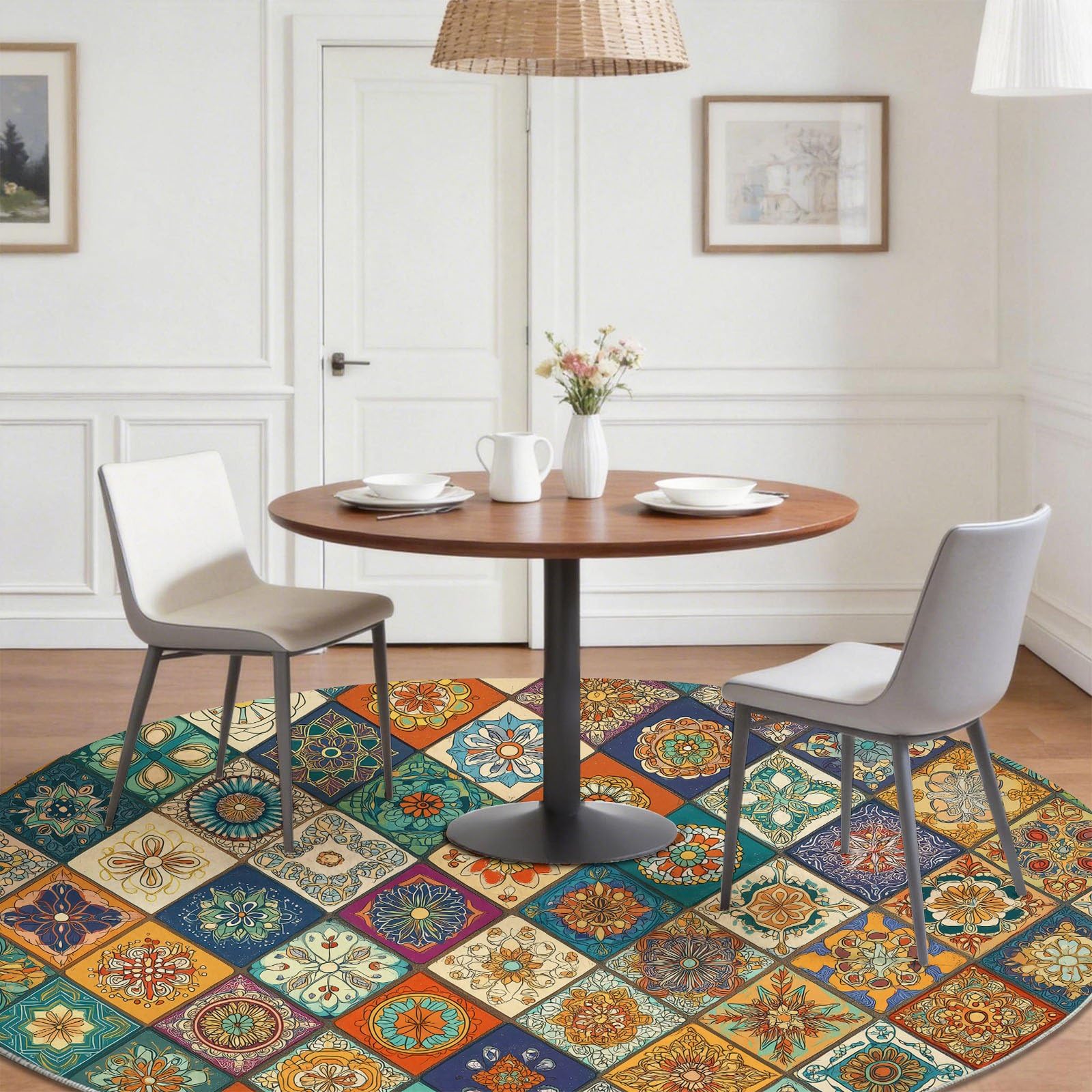 Tappeto rotondo lavabile, 160 cm, stile marocchino, geometrico, con piastrelle, fiori, mandala, rombi, per camera da letto, a pelo corto, antiscivolo, per sala da pranzo, cameretta dei bambini