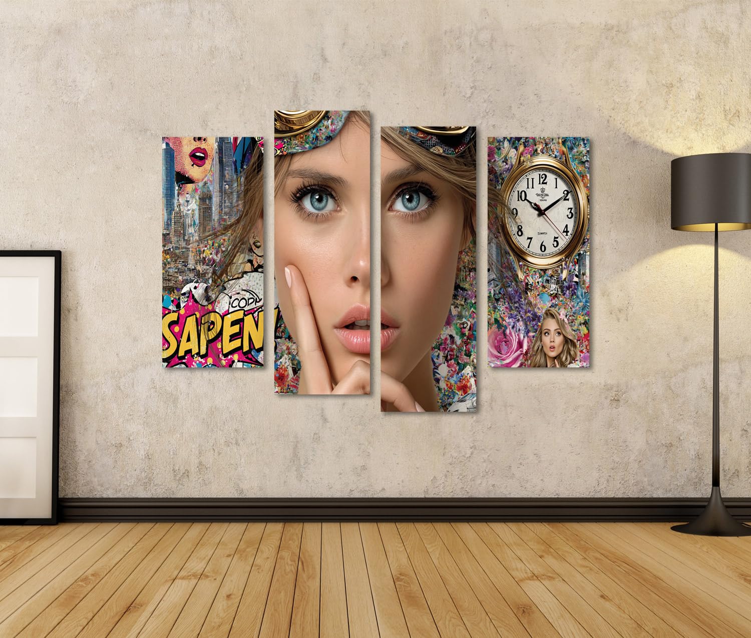 islandburner Lot de 4 tableaux sur toile - Collage de bande dessinée pop art - Pour le salon - Pour les amateurs d'art
