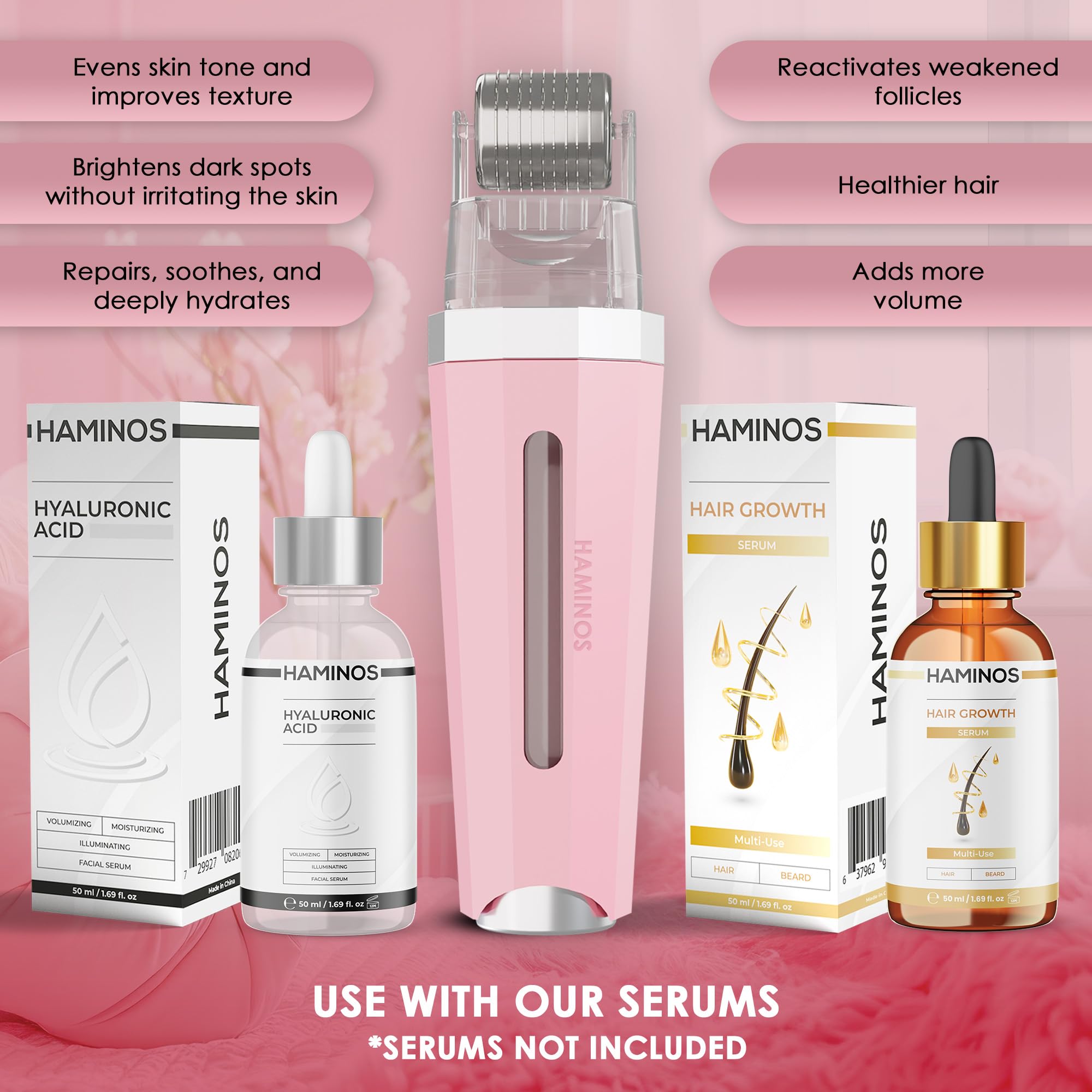 HAMINOS Derma roller 1 mm 3.0 z Pojemnikiem do Skóra, Włosy, Zmarszczki, Rozstępy, Hiperpigmentacja NATYCHMIASTOWA APLIKACJA SERUM, 520 igieł tytanowych