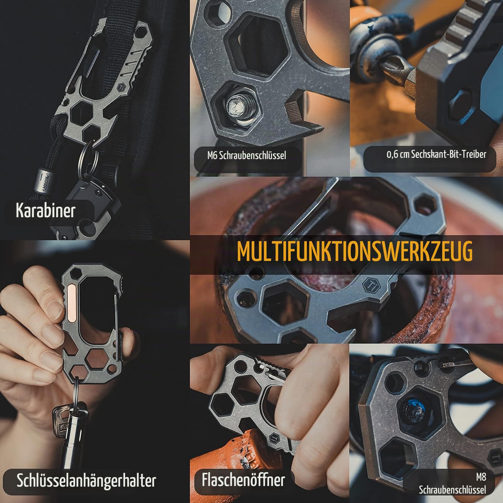 KeyUnity KU01 Karabiner Schlüsselanhänger Taschen-Multitool Titan, Karabiner Clip mit Inbusschlüssel, Bithalter, Flaschenöffner, Multi Schlüsselhalter, multifunktionales EDC Werkzeug für Herren