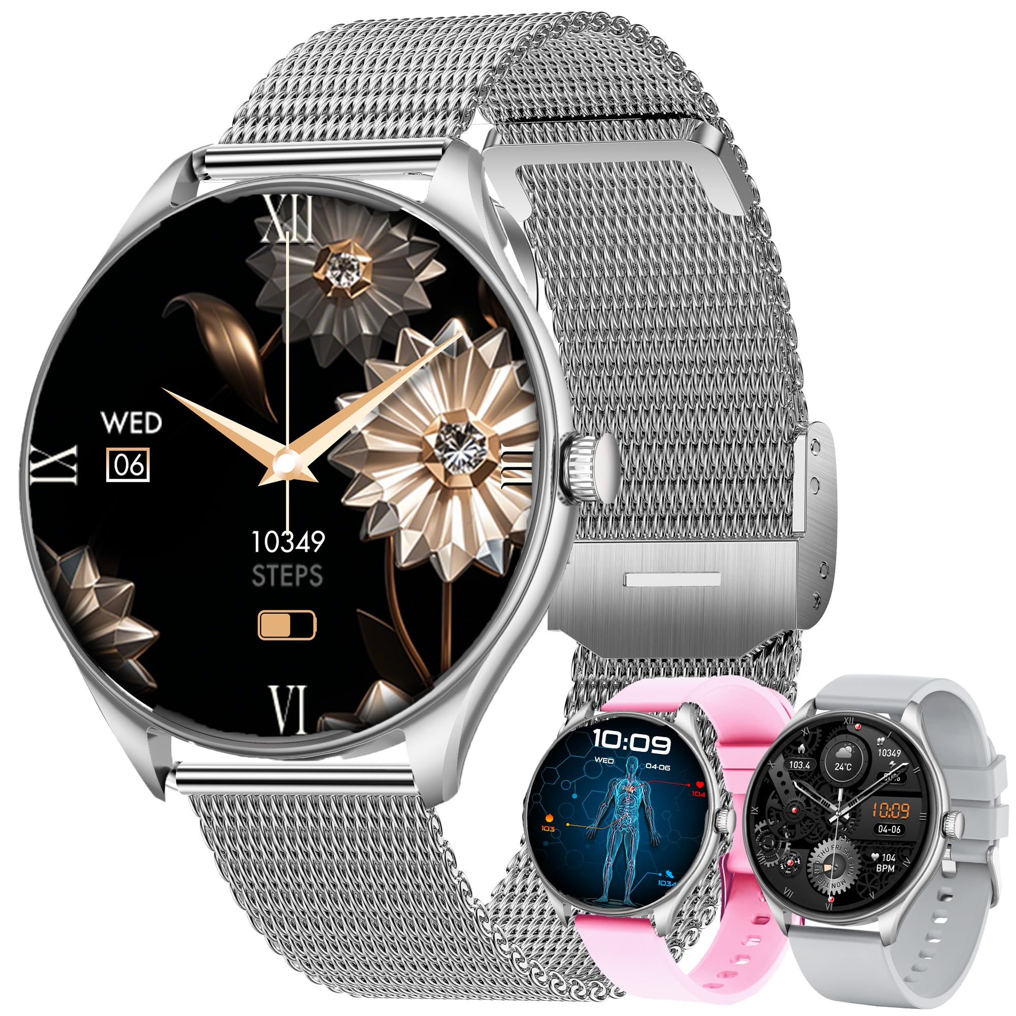 Montre Connectée Femme and Montre Homme avec Appels Bluetooth, Smartwatch Diamond avec 100+ Modes Sportifs/Fonction Féminine/Lecteur de Musique/Fréquence Cardiaque/Sommeil/ pour Android iOS (Argenté)