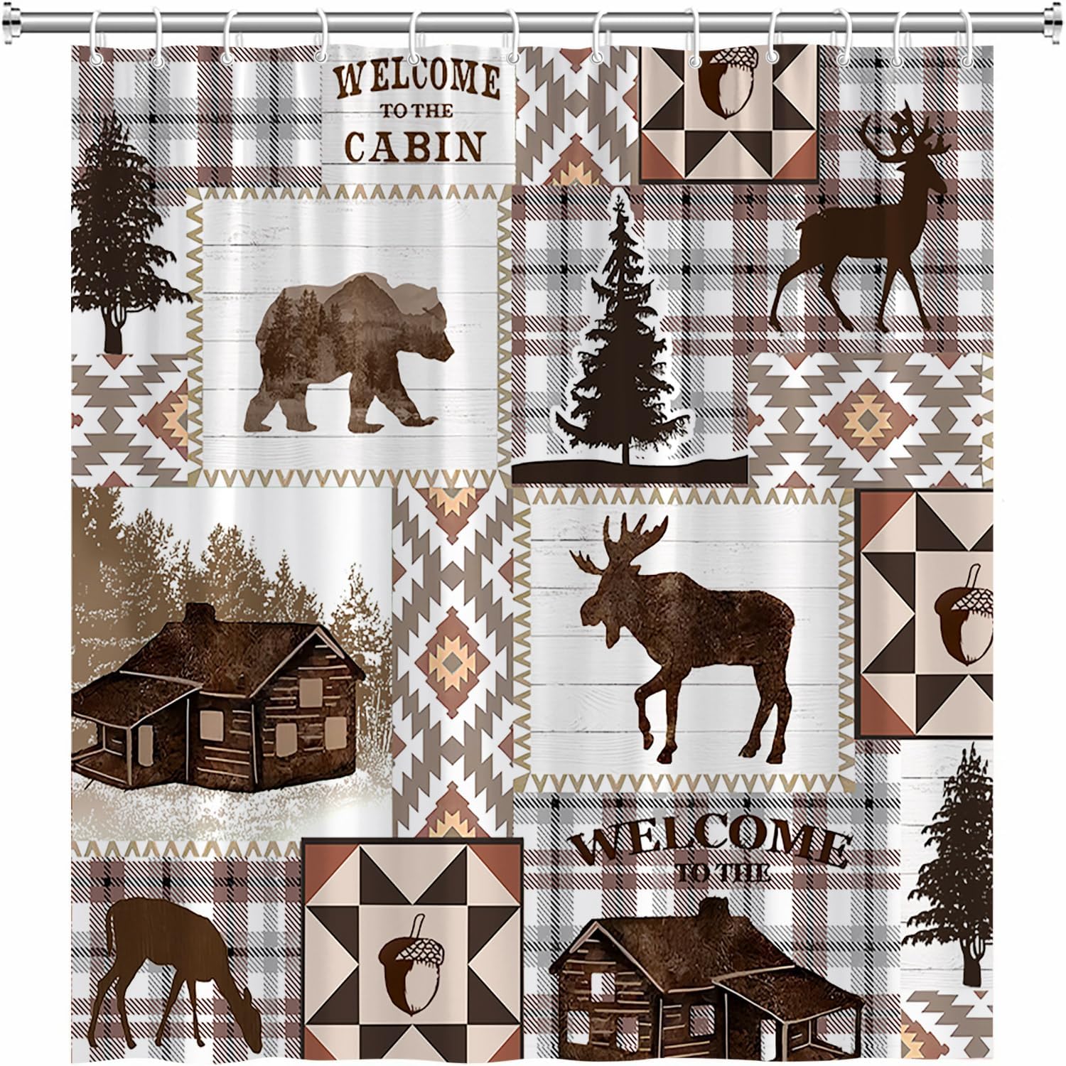 Retro Cabin Shower Curtain Rustic Bear Deer Lodge Hunting Wildlife Plaid Check Western Farmhouse Country Wild Animal Adventure Bathroom Home Decor Fabric Set with Hooks 90Wx70H Inch
