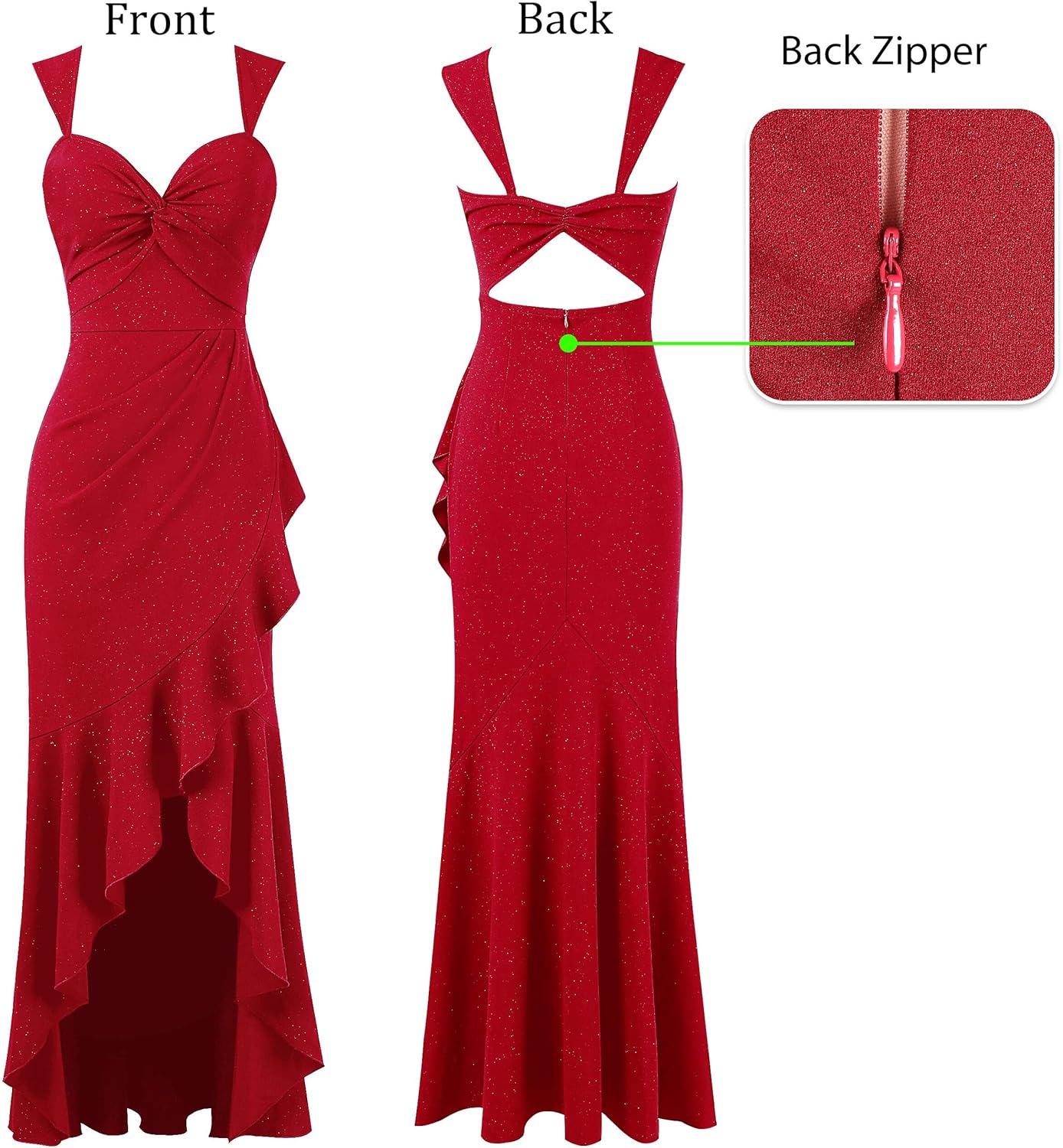 VFSHOW Womens Glitter Sweetheart V Neck Twist Front Backless Ruched Ruffle Slit Formal Evening Gown Maxi Dress - Image 5