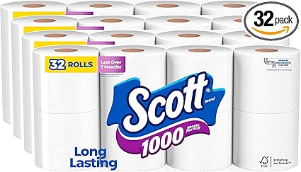 Scott 1000 Toilet Paper, 32 Rolls, Septic-Safe, 1-Ply Toilet Tissue