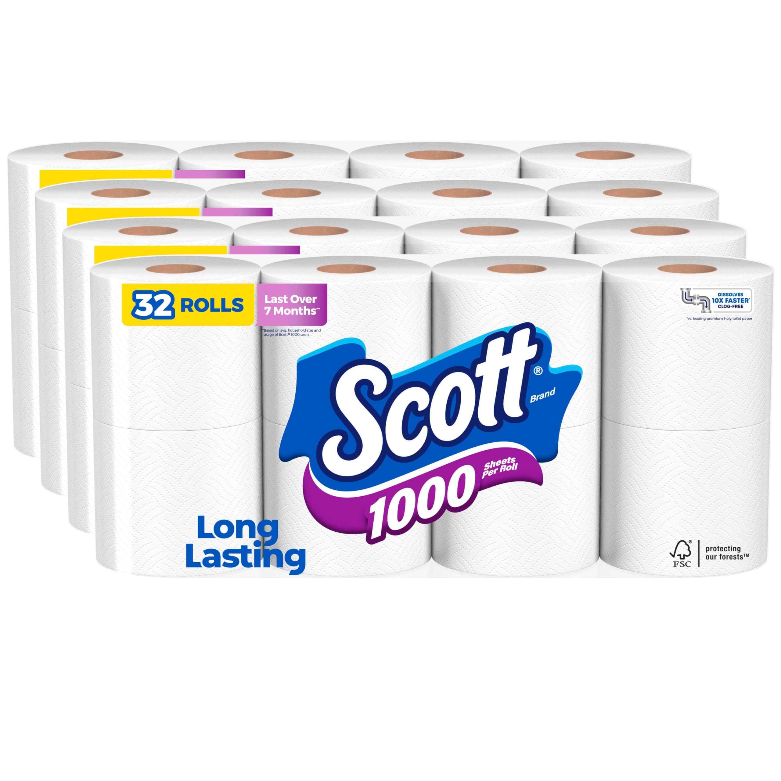 Scott 1000 Trusted Clean Toilet Paper, 32 Rolls (4 Packs of 8), 1,000 Sheets Per Roll, Septic-Safe, Bath Tissue Made Sustainably