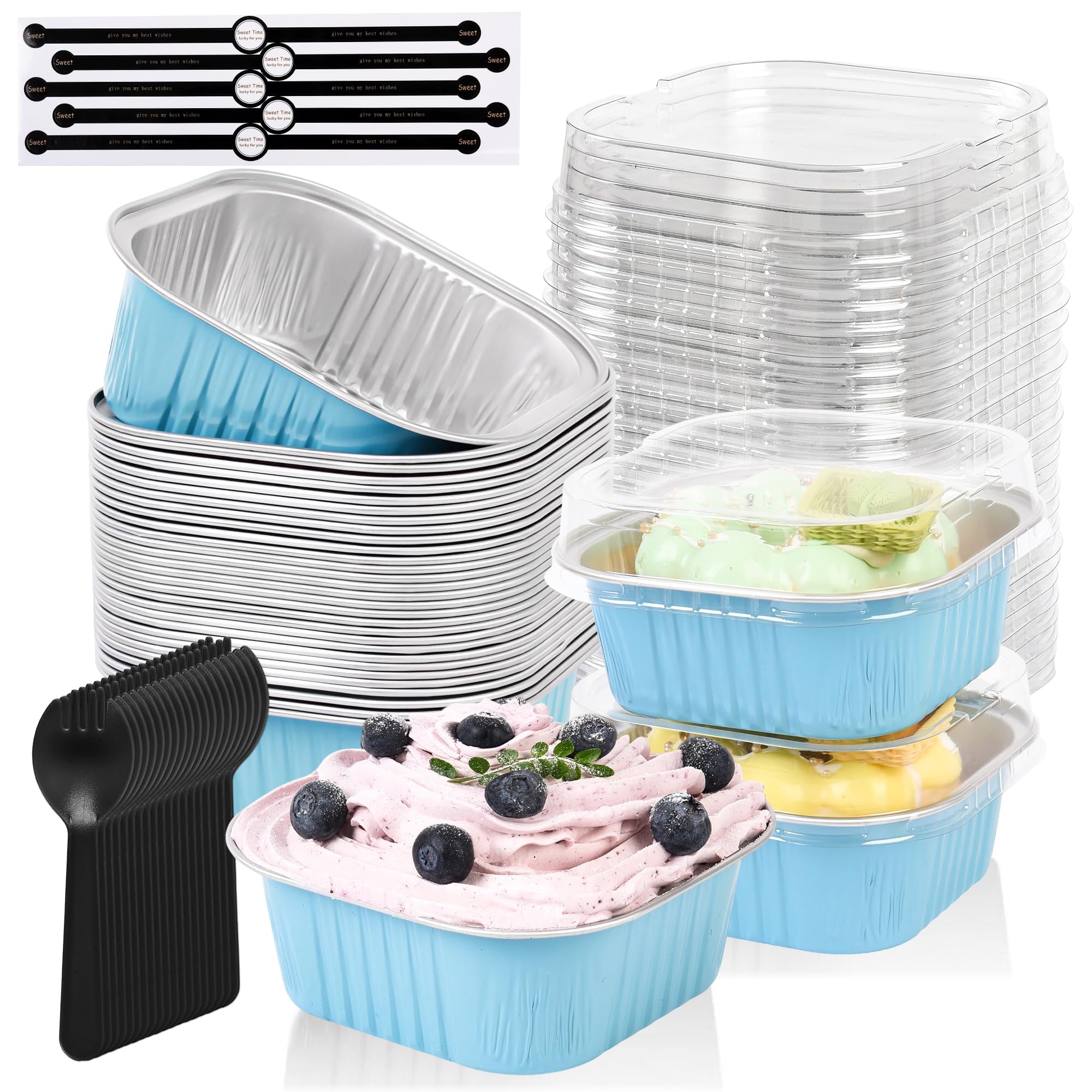 View 1 of 100 Pcs Mini Cake Pans with Lids, 10oz Square Aluminum Foil Brownie Baking Cups, Dessert Cupcake Cups with lids, Disposable Loaf Pans Cupcake for Wedding Birthday Party (Blue)