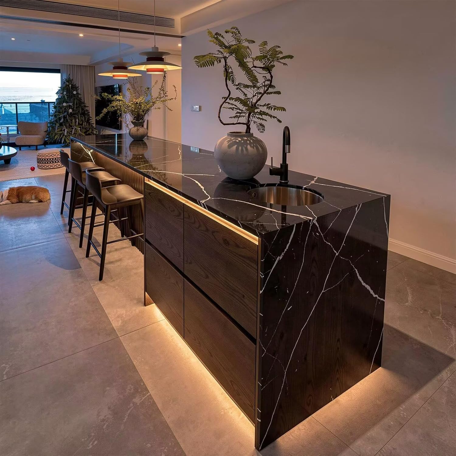 Kitchen Island with Storage - Kitchen Island Table with Under Cabinet Lighting, Modern Dinner Table Includes Adjustable Shelving, Sturdy Construction (88IN No Chairs)