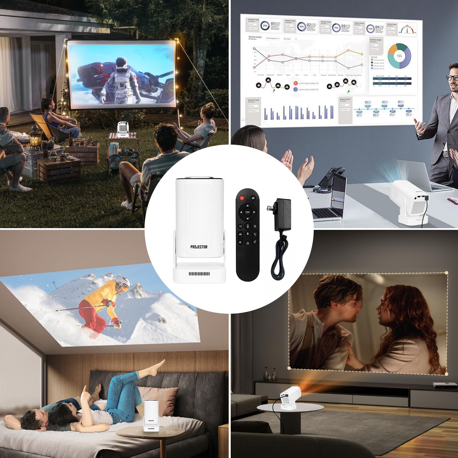 DCHAV Proiettore wireless portatile con supporto regolabile a 180° - decodifica video 4K, sistema Android, correzione trapezoidale automatica, home cinema all'aperto, compatibile con telefono e laptop