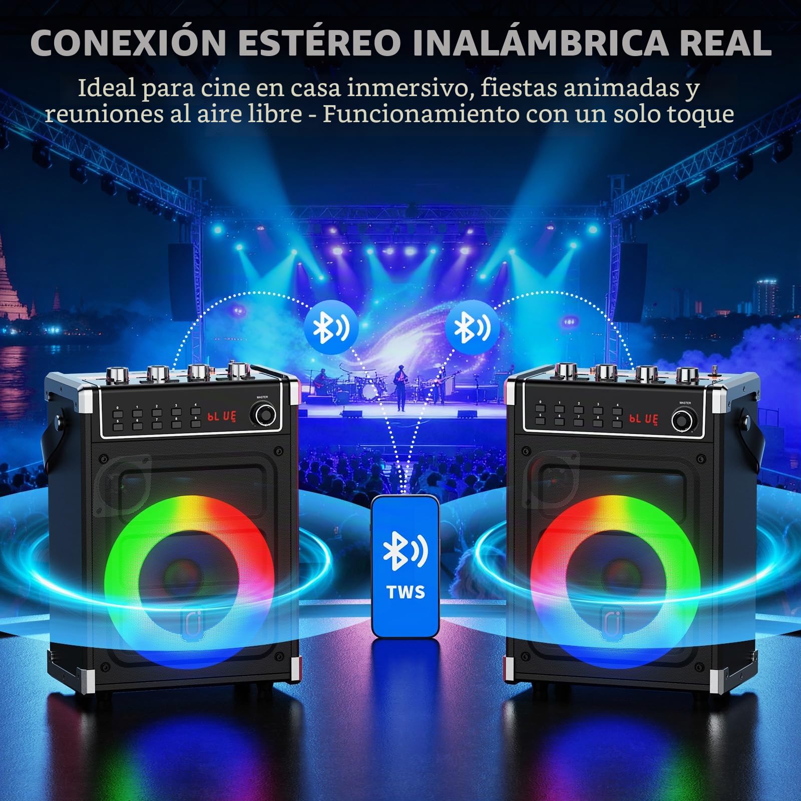 JYX Máquina de karaoke con dos micrófonos inalámbricos, ajuste de bajos/agudos y luz LED, soporte TWS, entrada AUX, radio FM, REC, suministro para fiesta/reunión/boda - negro