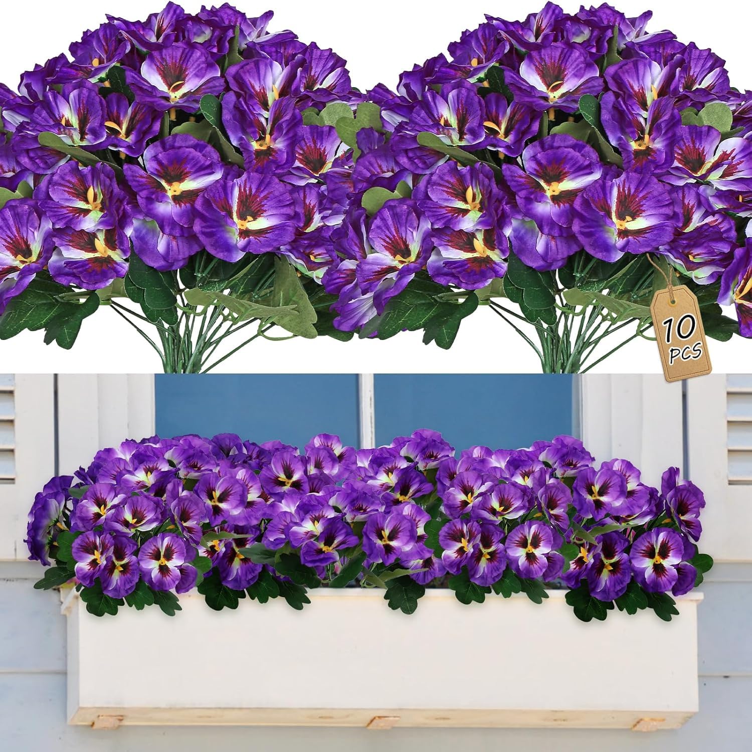 Artificial Pansies Flowers Outdoor 10 Bundles Artificial Flowers Bulk Faux Flowers UV Resistant Fake Silk Flowers for Front Porch Window Box Hanging Planter Decoration (Purple, 10P image 3