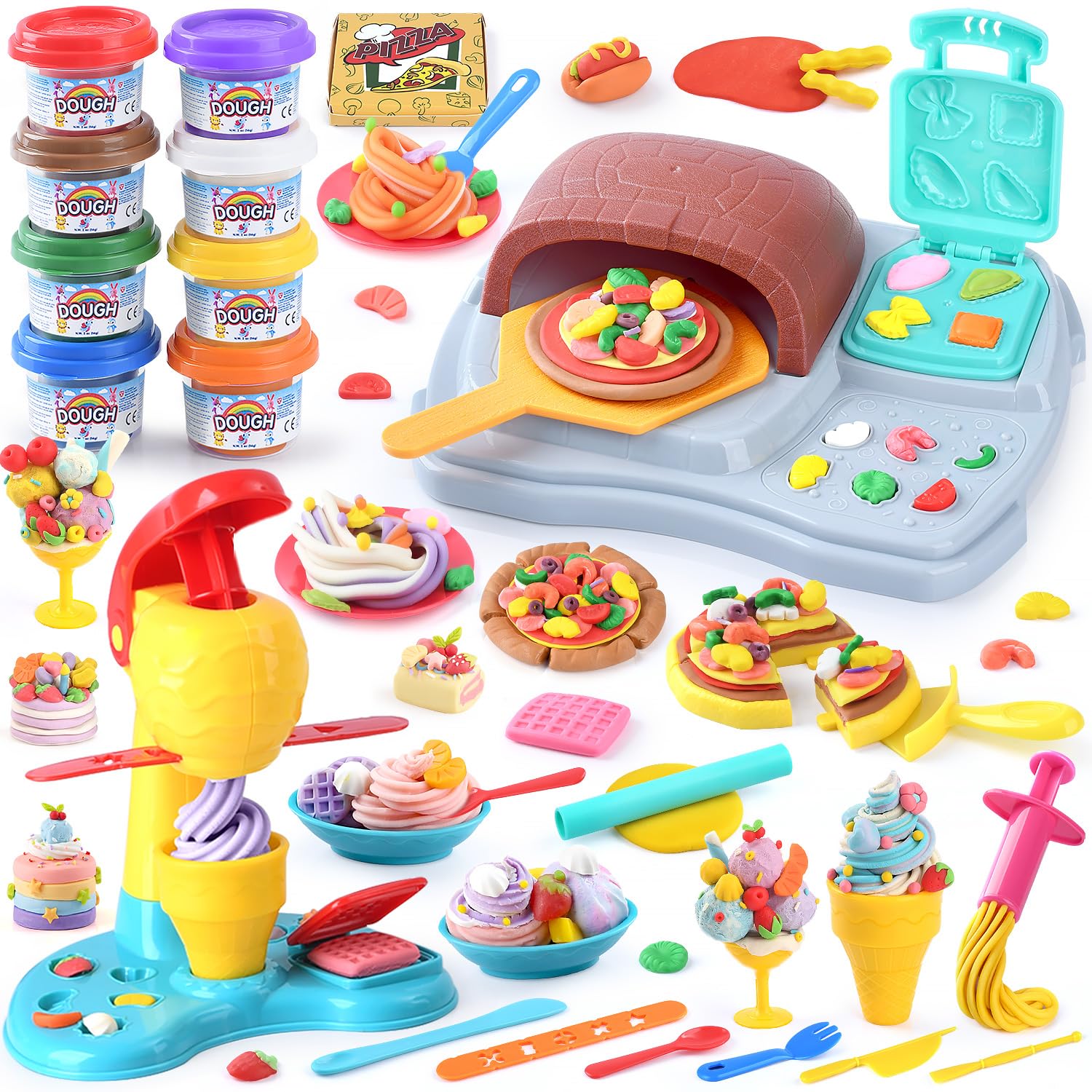 Photo 1 of 2 in 1 Color Dough Sets for Kids Ages 2-4-8, Kitchen Creations Ice Cream Pizza Maker Machine, Art Crafts Play Food Toys for 3 Year Old Girls Boys and Up, 8 Cans of Modeling Compound Dough,2 oz Cans