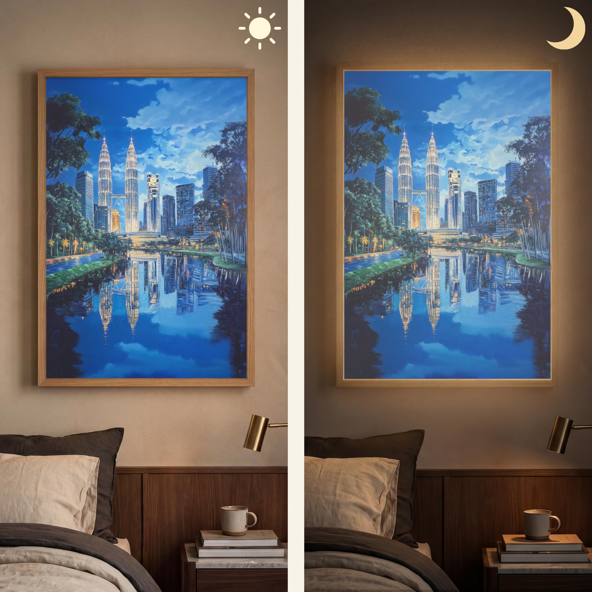 Moderne LED Wandleuchte Innen 60x90 cm Aufladbar Wandbeleuchtung Schlafzimmer Nachtlampe Flach Fernbedienung Warmes Still Licht Dimmbare Lampe Stadt Kuala Lumpur - Skyline - Wasser