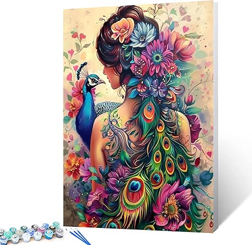 Tucocoo Pintura lateral de mujer por números para adultos principiantes, pintura de pavo real por números sobre lienzo, fácil de pintar para