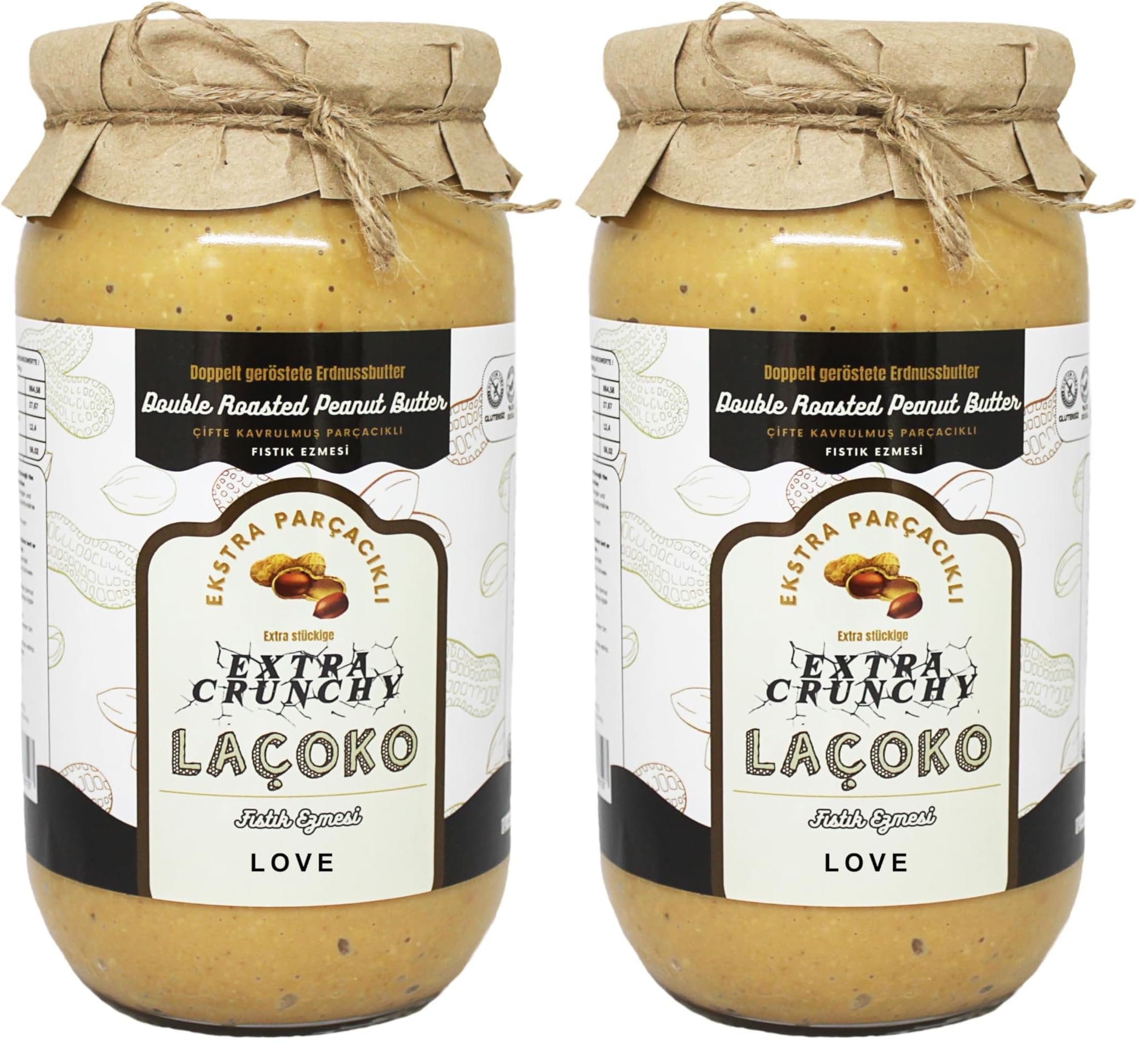 LAÇOKO 1 KG Şekersiz, Katkısız, Glutensiz, Vegan,Çifte Kavrulmuş Parçacıklı Fıstık Ezmesi (2 paketi)