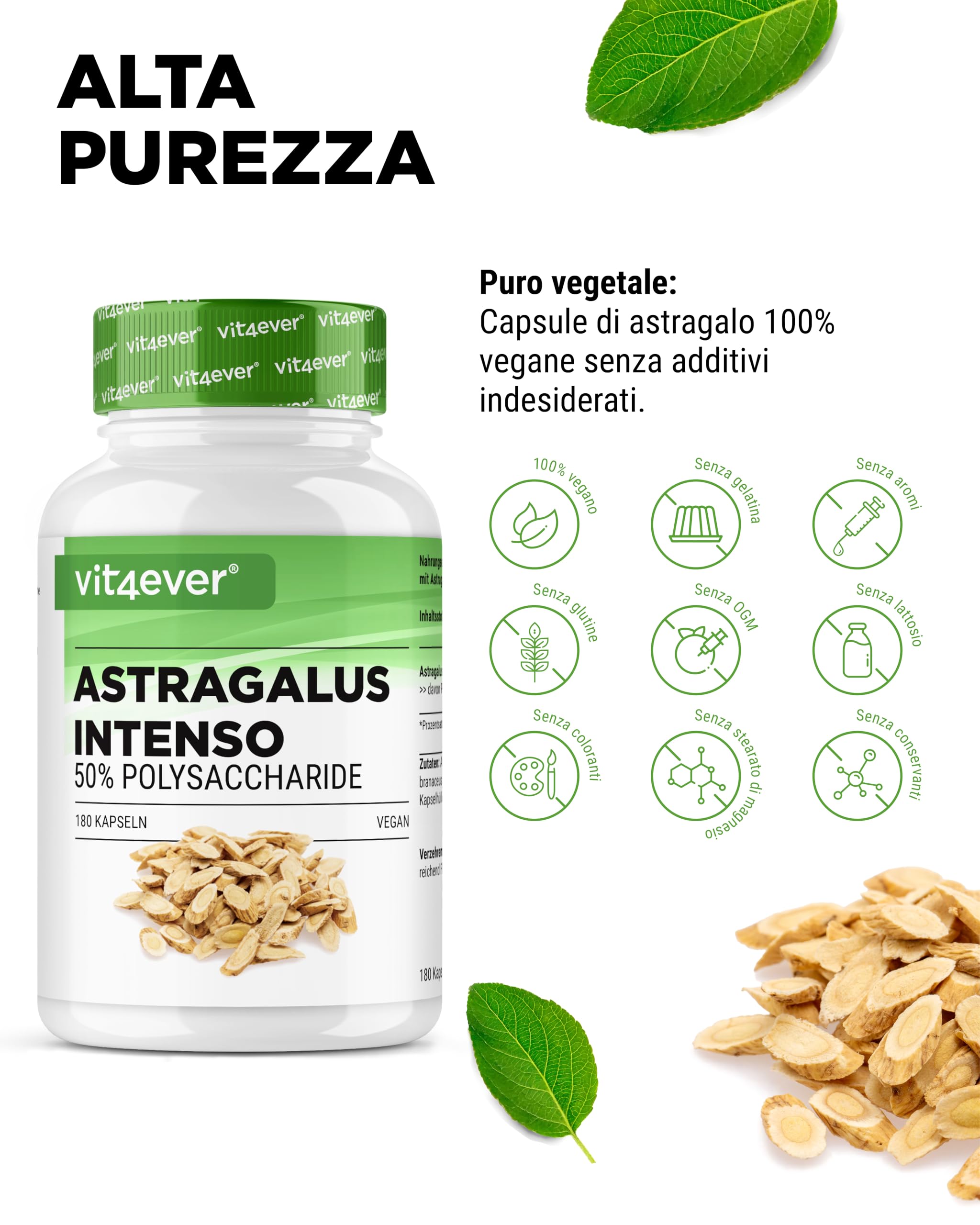 vit4ever Astragalo - Altamente dosato con 1400 mg di estratto puro al giorno - 180 capsule - Premium: 50% polisaccaridi - Estratto puro di astragalo - Senza additivi indesiderati - Vegano