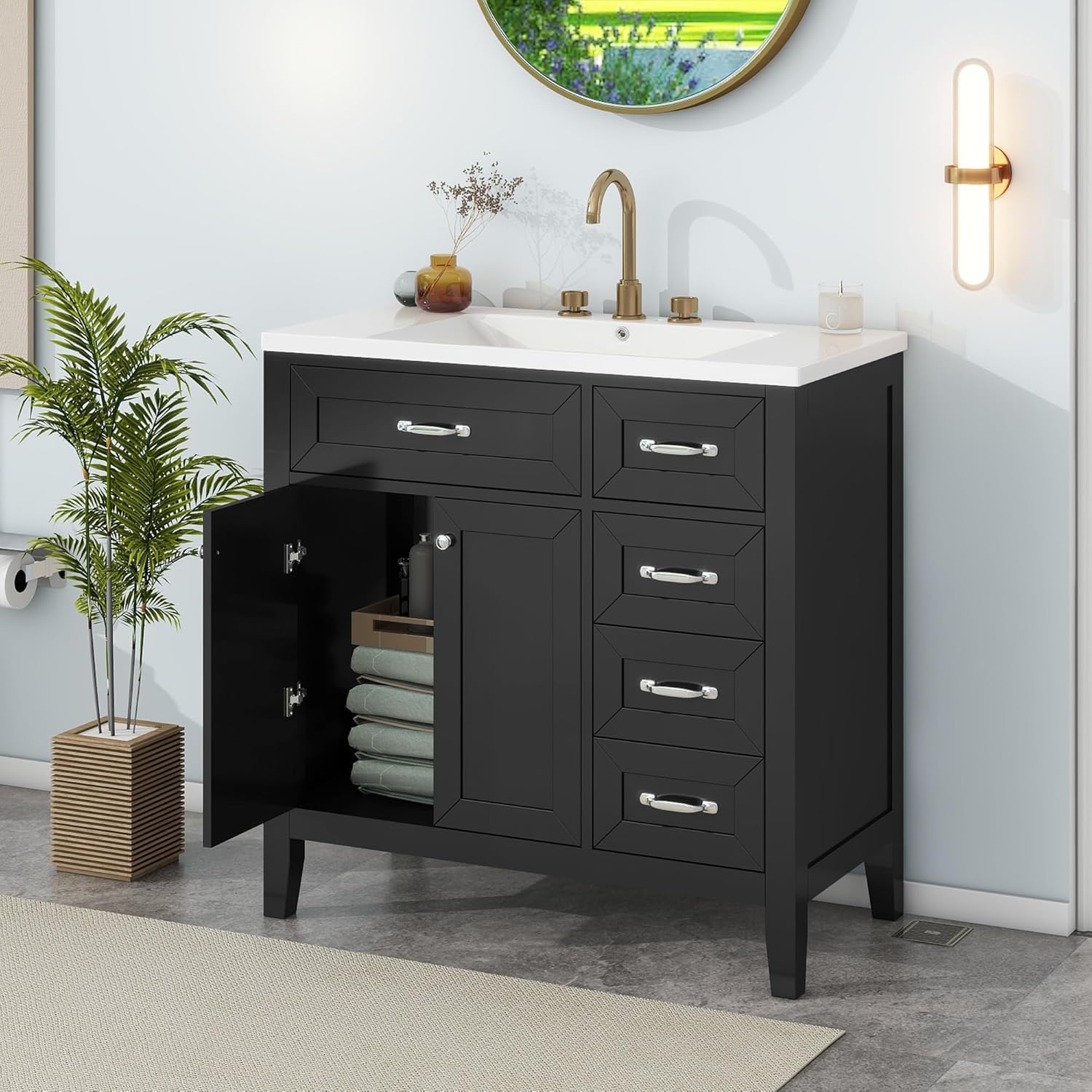 Harper & Bright Designs Sink Bathroom Cabinet, Vanity Base Cabinet with 2 Doors&3 Drawers, 36 Inches Wooden Bathroom Sink Cabinet Without Sink Top, Black(Sink Not Included)