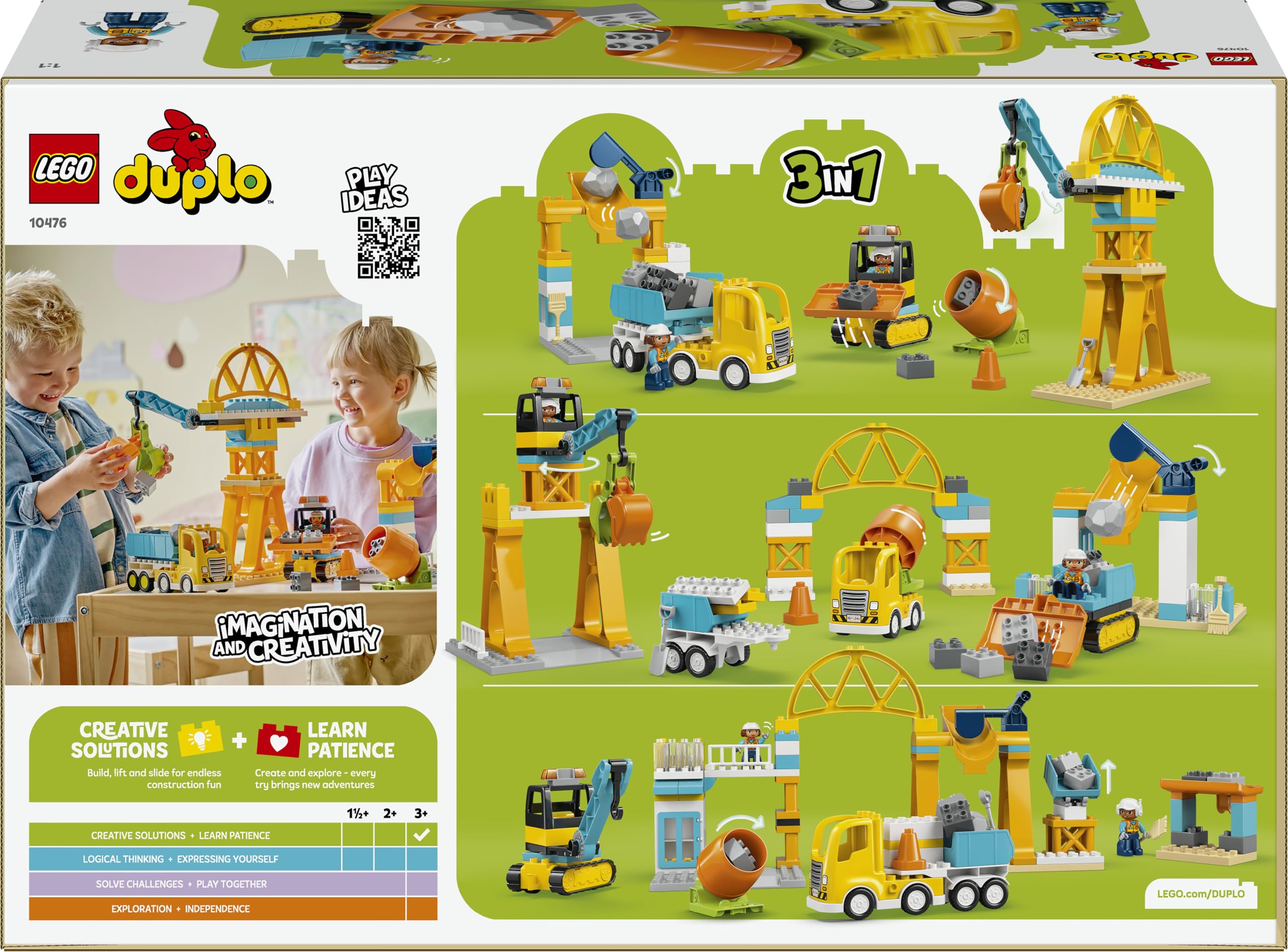 LEGO Duplo Obra y Vehículos de Construcción “3 en 1” - Juego Educativo para la Motricidad Fina - Camiones, Grúas, Excavadoras y Hormigoneras de Juguete - Regalo para Niños y Niñas de 3+ Años - 10476