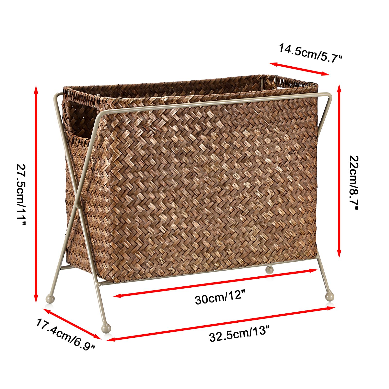 BSTKEY Revistero de hierba marina natural con asas, soporte rectangular de mimbre para periódicos, organizador de documentos con marco de metal para oficina, baño, sala de estar