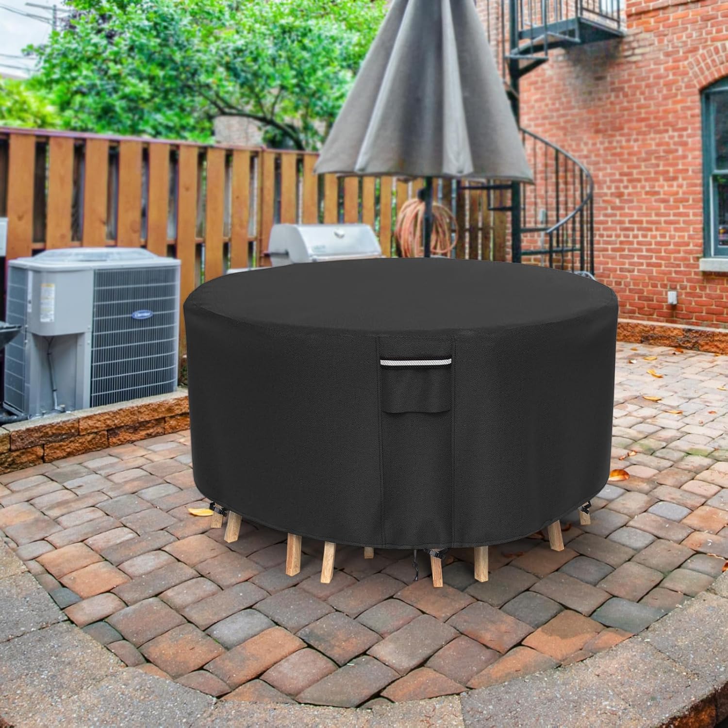 Round Patio Furniture Covers, 500D Heavy Duty Waterproof UV Resistant Cover for Round Outdoor Dining Table & Chairs,84" Dia x 28" H -Black