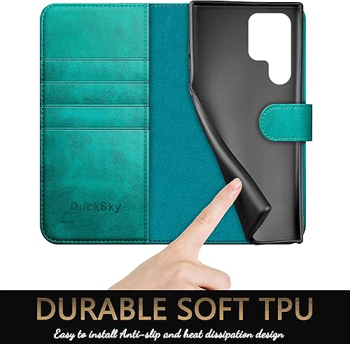 Miniatura 6 de Funda tipo cartera de cuero genuino para Samsung Galaxy S22 Ultra Bloqueo RFID4 tarjeteros de créditoCuero auténtico Funda protectora para teléfono