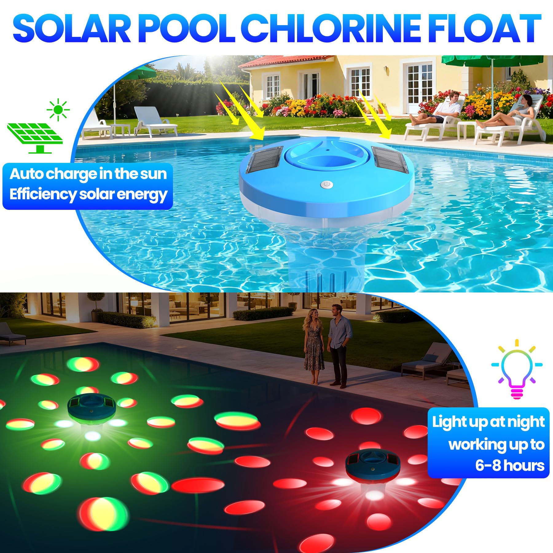 AearKing 2026 Dispenser Cloro Piscina, 5 * 3" Grande Fontana Solare Galleggiante con Luci, Distributore Cloro Piscina con Controllo a Pulsante, Regolabile Dosatore Cloro per Piscina, Spa