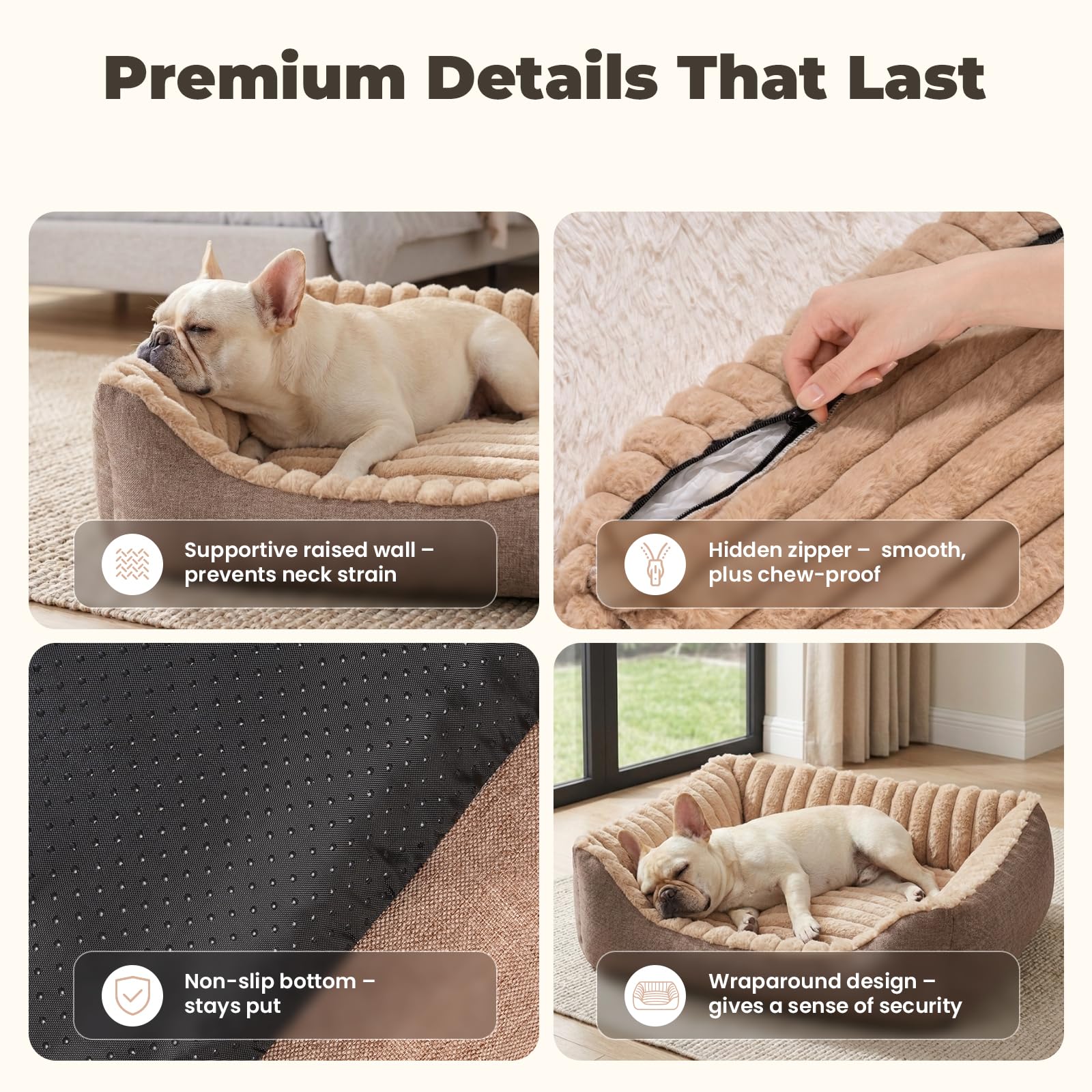 Avont Cama Mullida para Perros y Gatos Pequeños y Medianos – Espuma de Alta Elasticidad con Funda Suave Lavable a Máquina y Base Antideslizante – Camello (L)