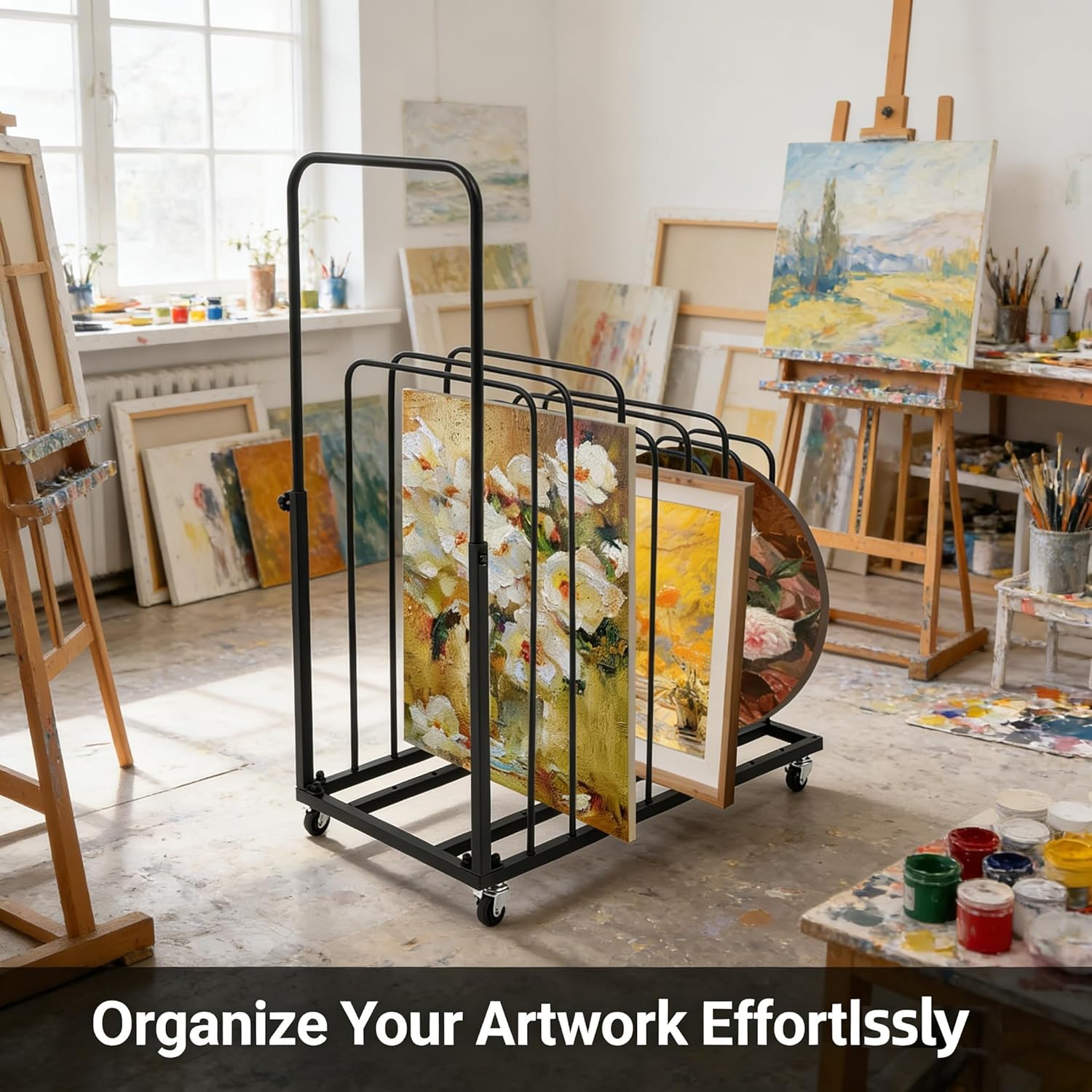Art Canvas Storage Rack with Wheels, Adjustable Art Storage Rack, Drying Stand Metal Easel Display Stands for Canvas Boards, Panel, Crafts Drying, Print Racks, Frame, Art Studios Use