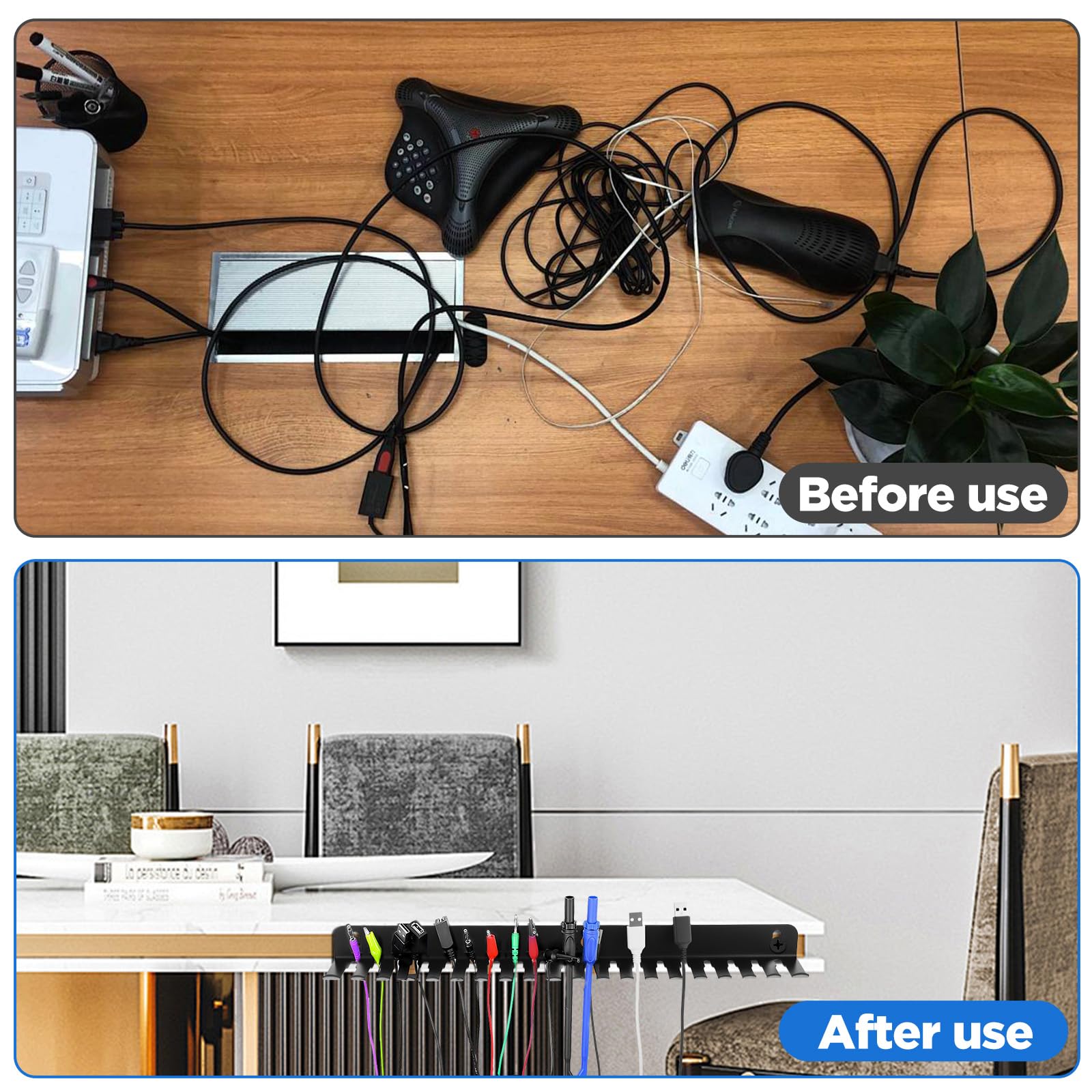 2 ganchos de cables de montaje en pared, organizador de cables de acero al carbono resistente con 19 ranuras (0.2 a 0.35 pulgadas), negro, 15.8 x 2.8 x 1.3 pulgadas para una gestión de cables sin