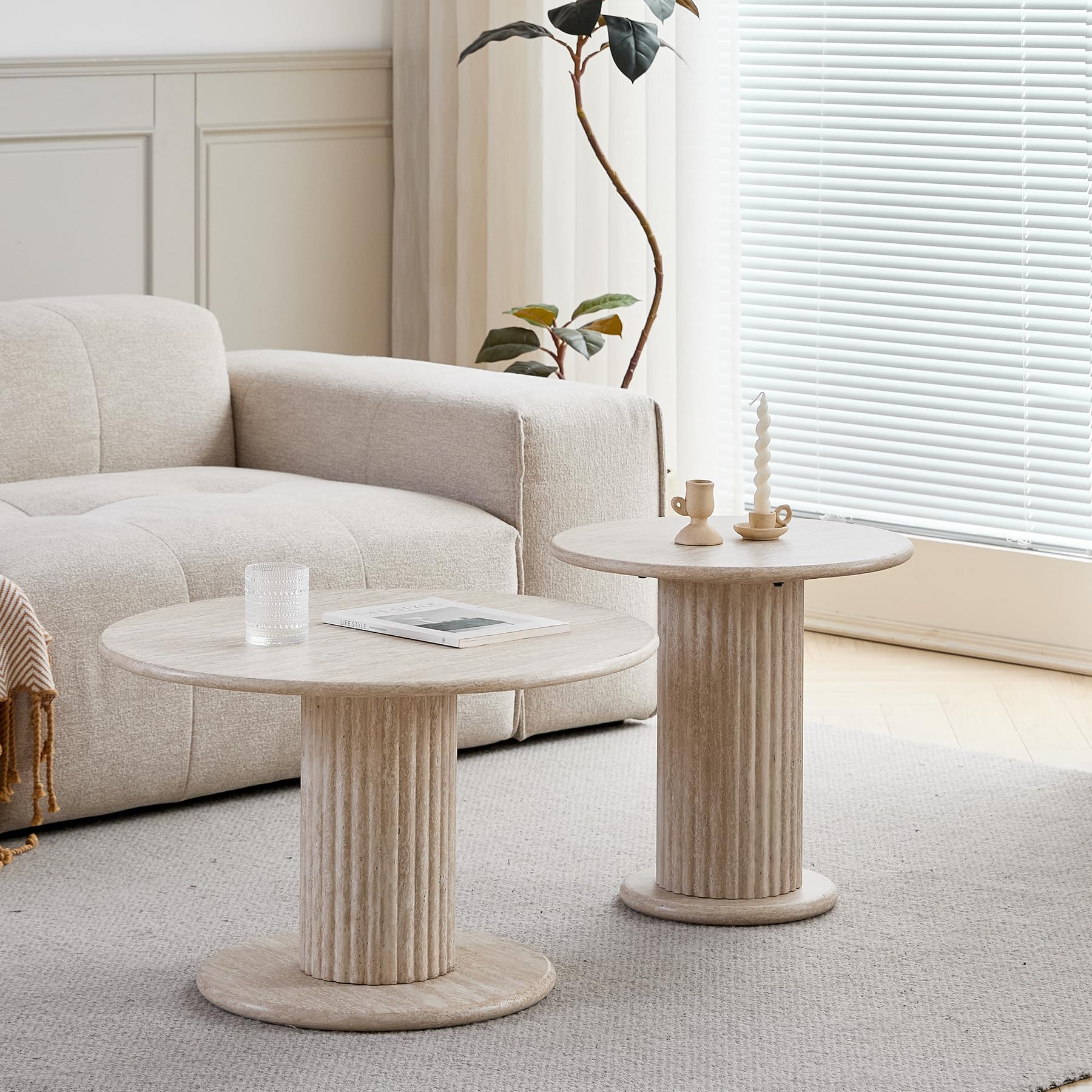 Stücke Beistelltisch 2er Set,Couchtisch rund Set,Couchtisch Moderner, Gelbem Travertin,Kaffeetisch mit römischer Säulenbasis für Wohnzimmer, Balkon, Schlafzimmer