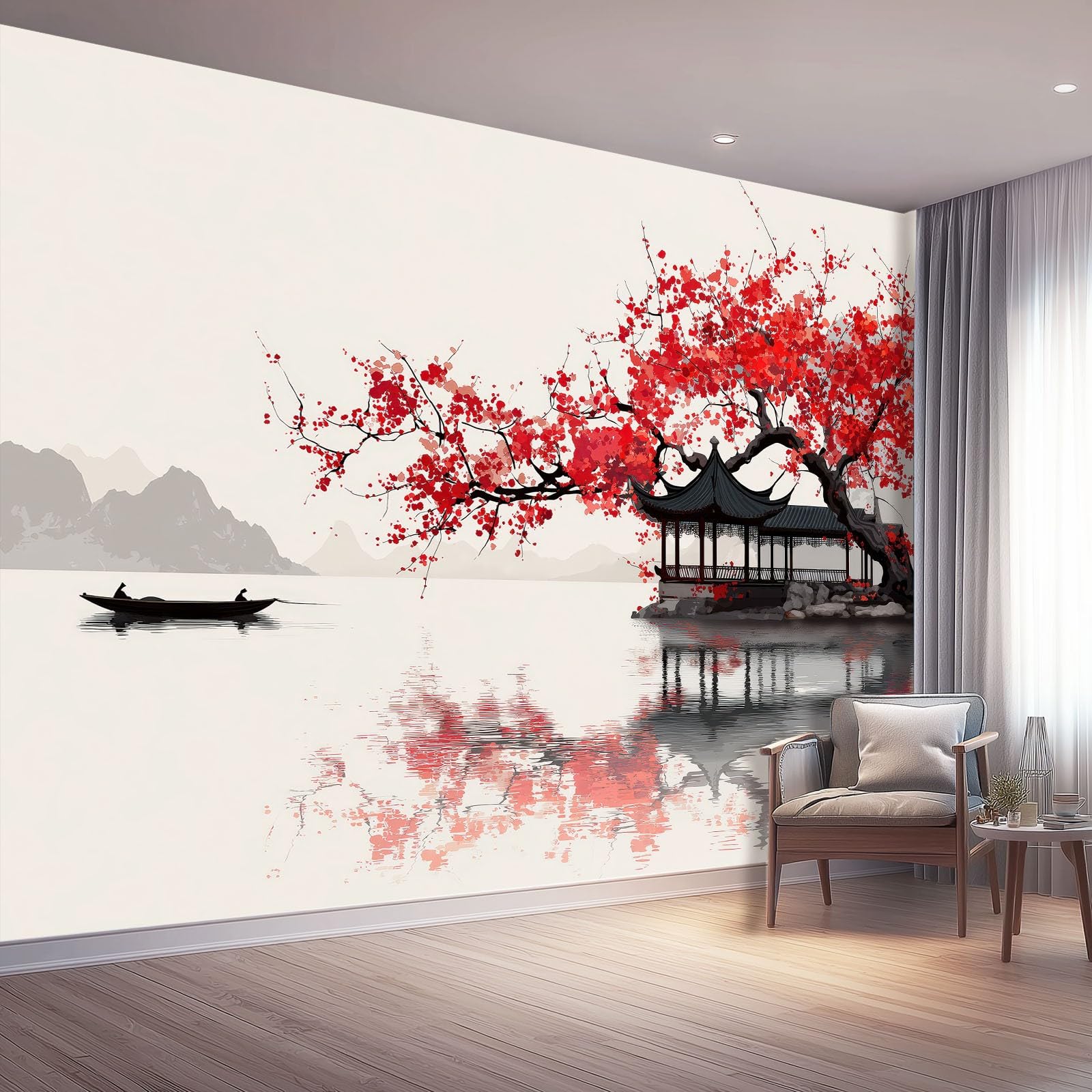 Vlies Fototapete Landschaft 350 x 256 cm, Creme Fototapeten für Wohnzimmer Schlafzimmer - Vliestapete Wandtapete Tapete 3D Effekt - Chinesischer Stil Blumen Seen Pavillons