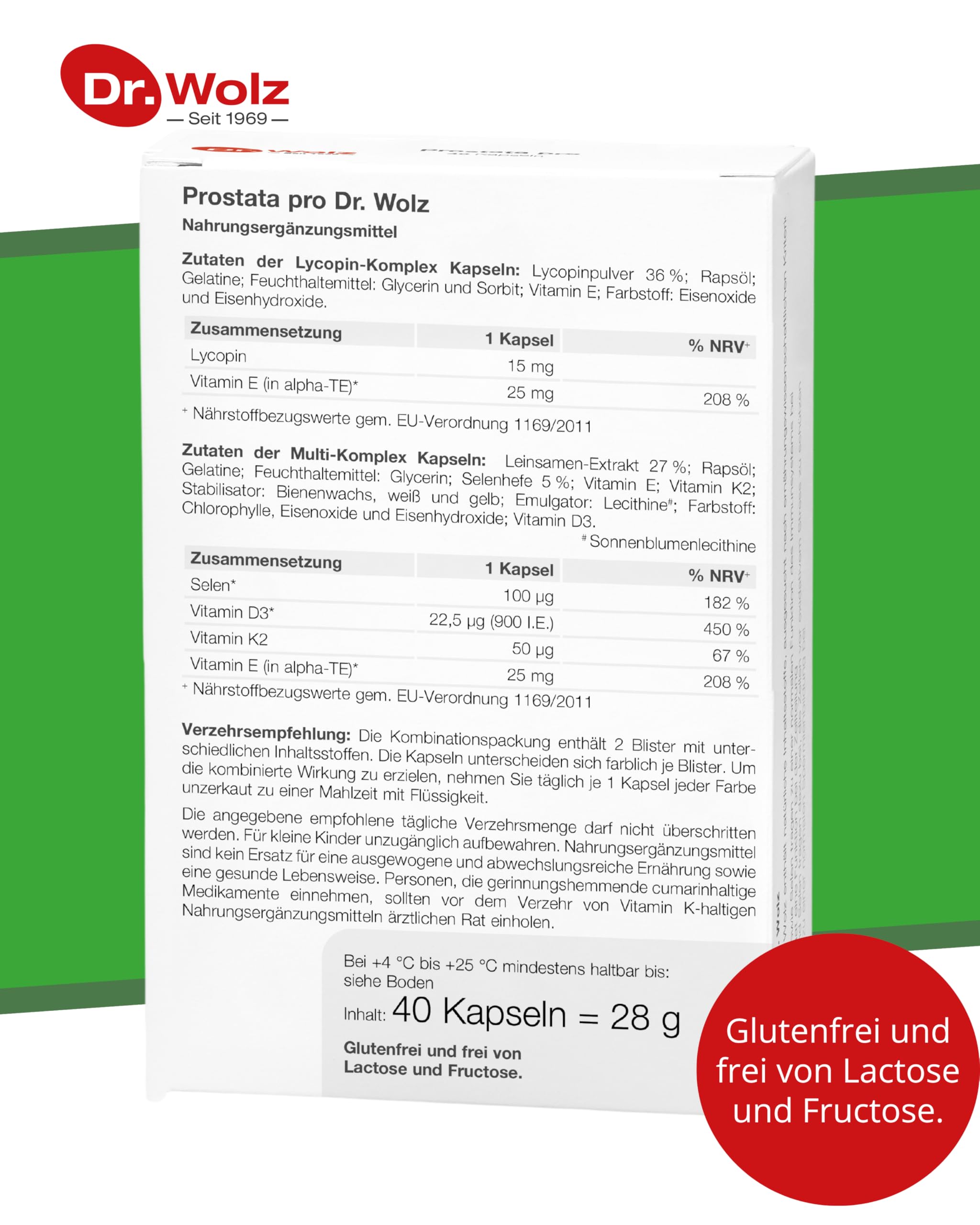 Dr. Wolz Prostata pro, speziell für die Gesundheit des Mannes, mit Vitaminen, Lycopin, Leinsamen-Extrakt und biologisch gebundenem Selen, 2x20 Kapseln