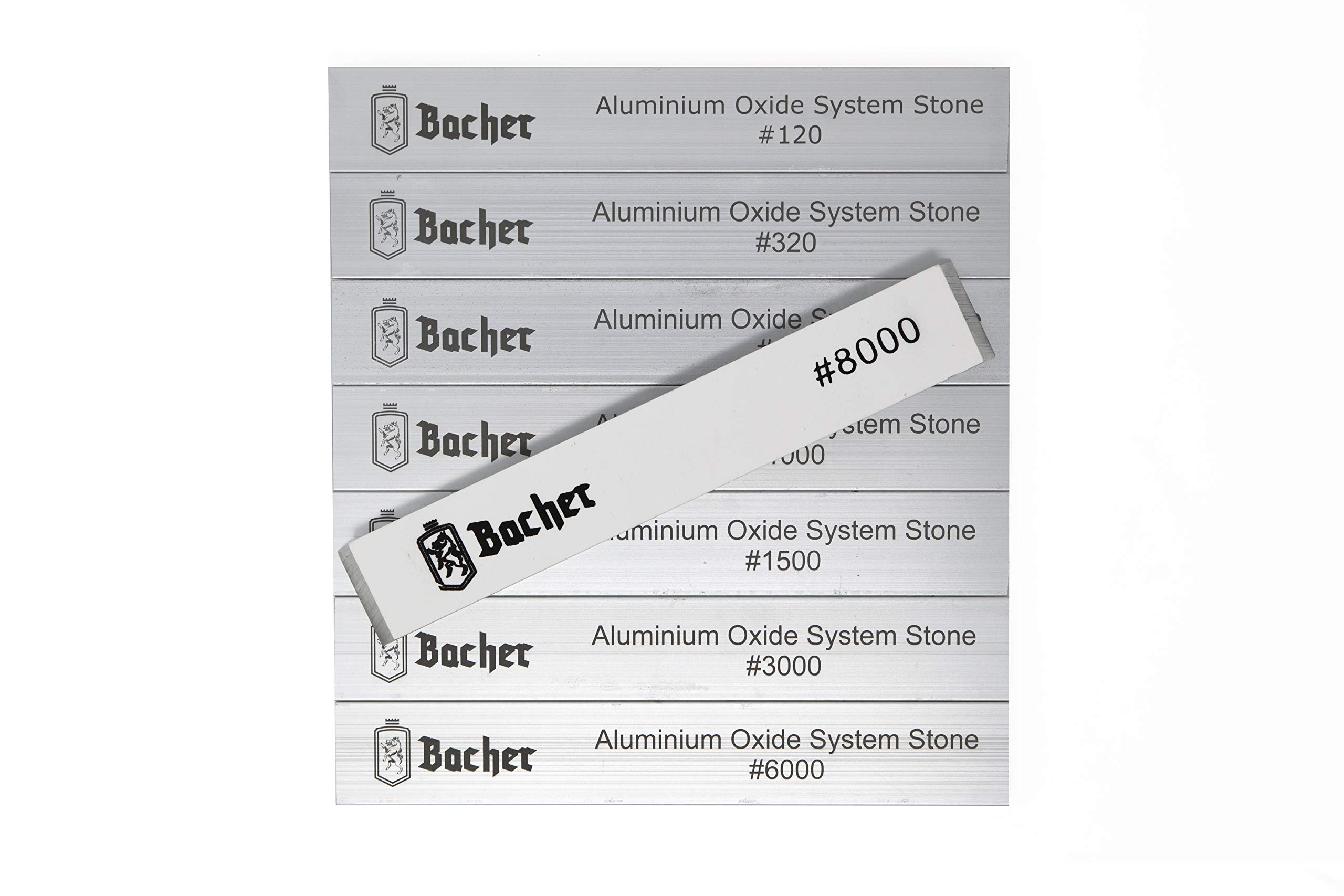 Bacher set 8 pietre da affilatura ad asta 120-8000 - 150x25 mm per coltelli | Grana verificata da terzi | Grana incisa sul metallo, resta leggibile | In cofanetto regalo | Cesoie, scalpelli, rasoio