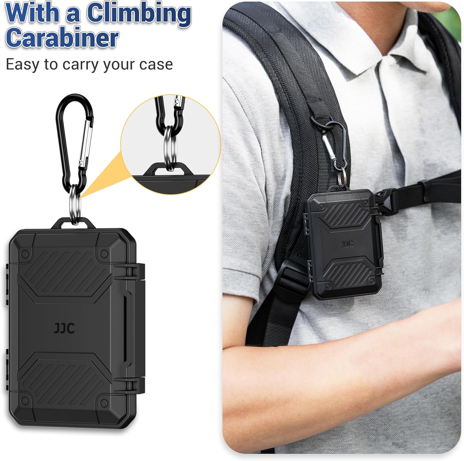 JJC Memory Card Case with an attached carabiner.