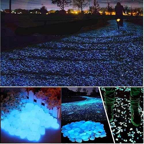 Vista 8 de 340 guijarros de jardín que brillan en la oscuridad, piedras luminosas para jardinería, decoración al aire libre, agua brillante, pecera, grava Azul