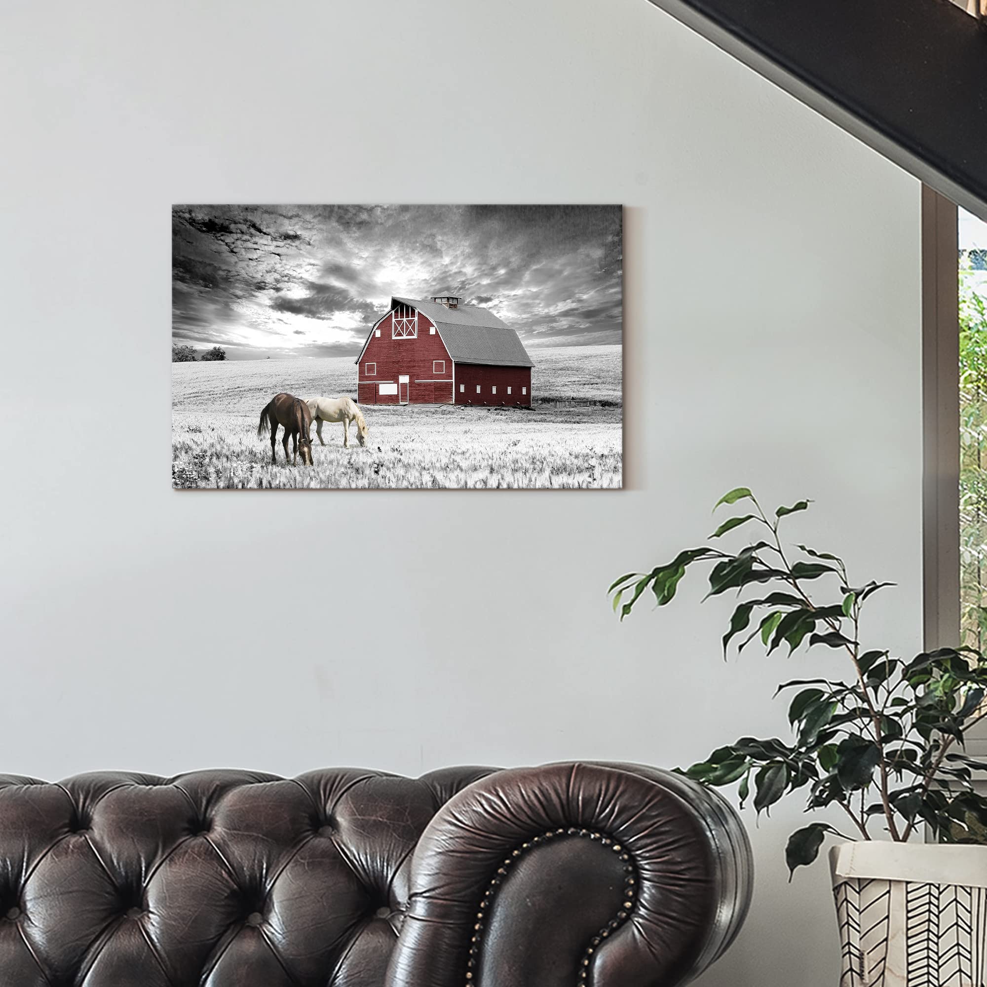 Leinwanddruck Bauernhof Bei Sonnenuntergang – 61x40,6 Cm, Rustikale Landschaft Mit Kühen