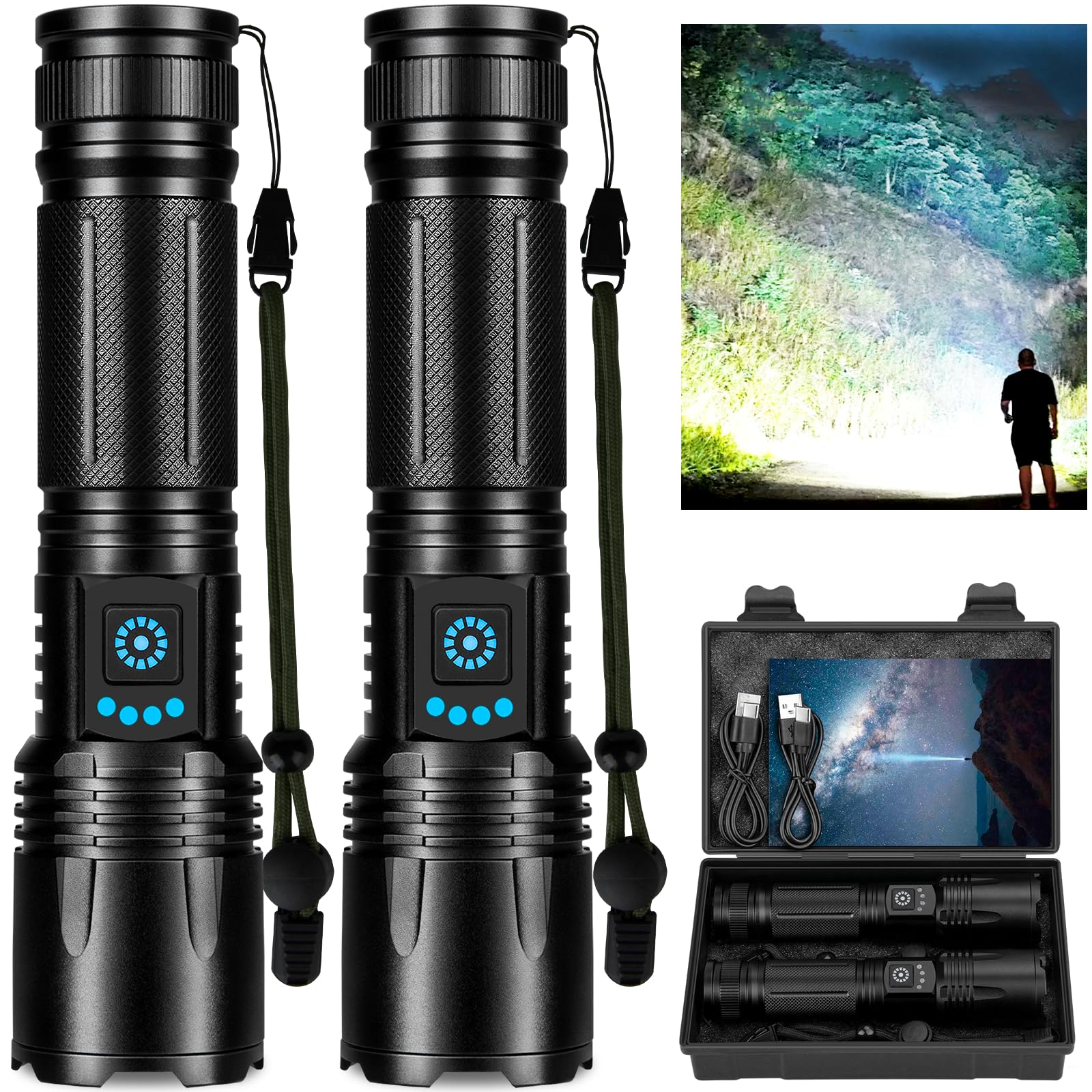 Wiederaufladbare Taschenlampen, hohe Lumen, für Camping, Zuhause, 9000 Lumen, superhelle LED-Taschenlampen, wiederaufladbar, leistungsstark, mit 5 Modi, wasserdicht, 2 Stück